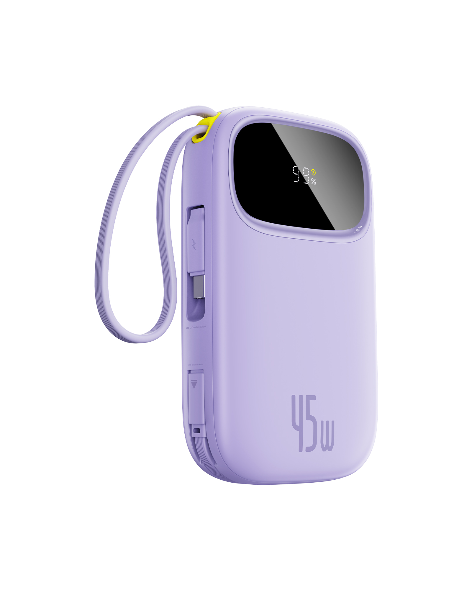 Ekranda %99 gösteren, el kayışı ve 45W etiketi olan mor bir powerbank, beyaz arkaplanda.