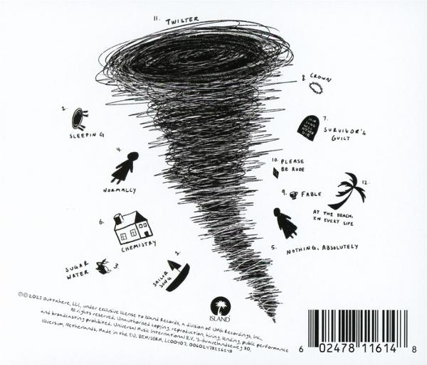 Schwarz-Weiß-Zeichnung eines Tornados mit verschiedenen Illustrationen und Texten, darunter Figuren, Objekte und Wörter.