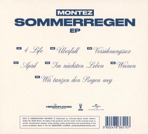 Albumcover mit blauem Text. Titel: SOMMERREGEN. Songtitel: 4 Life, Überfall, Versöhnungssex, April, Im nächsten Leben, Weinen, Wir tanzen den Regen weg.