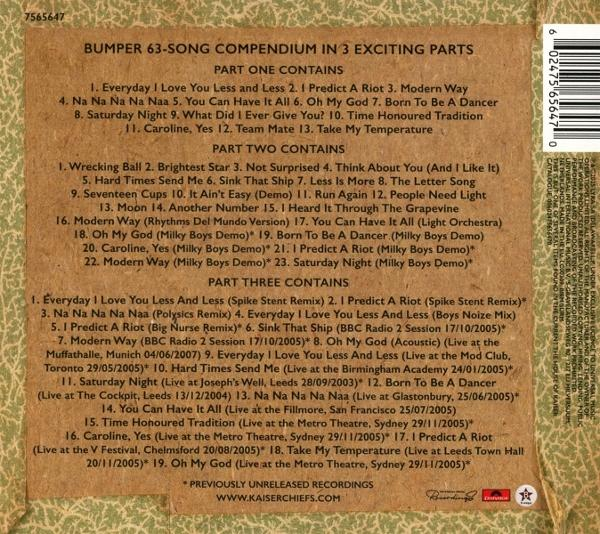 Ein CD-Cover mit Text, der Songs der Kaiser Chiefs auflistet. Der Hintergrund ist beige mit schwarzem Text. Die CD ist beschriftet.