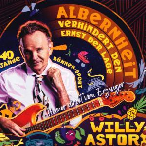 Mann mit Gitarre auf einem Poster. Text: 'ALBERNHEIT'. Buntes Design mit Cartoon-Elementen.