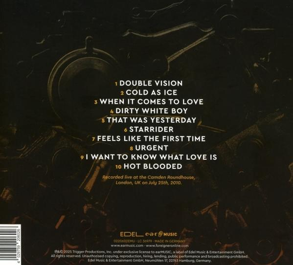 Rückseite des Albums. Titelliste, darunter "Double Vision" und "Cold as Ice", auf dunklem, metallischem Hintergrund.