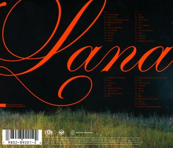 Albumcover mit dem Namen 'Lana' in orangefarbener Schreibschrift auf schwarzem Hintergrund. Titelliste rechts und Barcode unten.