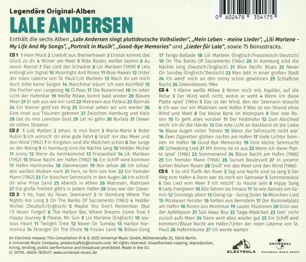 Albumcover von Lale Andersen mit Titeln und Details in verschiedenen Sprachen.
