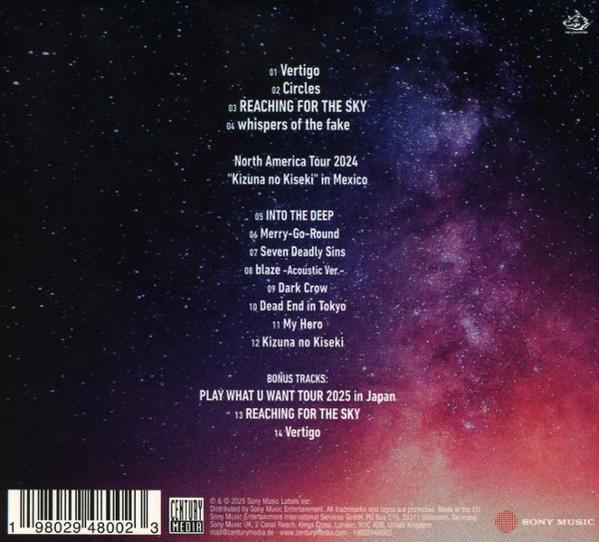 CD-Rückseite mit Sternenhimmel und Songliste: Vertigo, Circles, Reaching for the Sky.