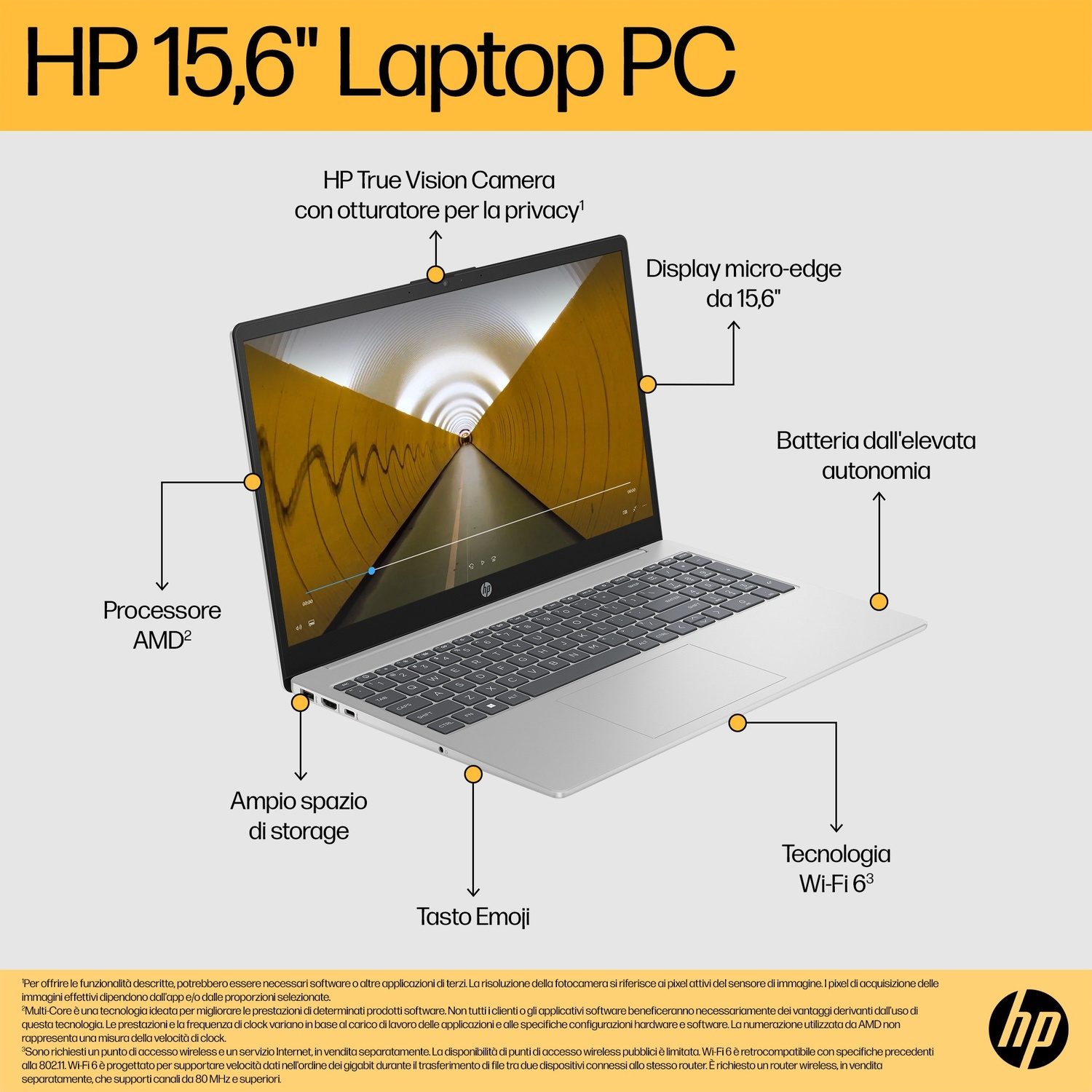 Un laptop HP argentato con display da 15,6". Caratteristiche: webcam, tasto emoji, Wi-Fi 6 e ampio spazio di archiviazione. Sfondo giallo.