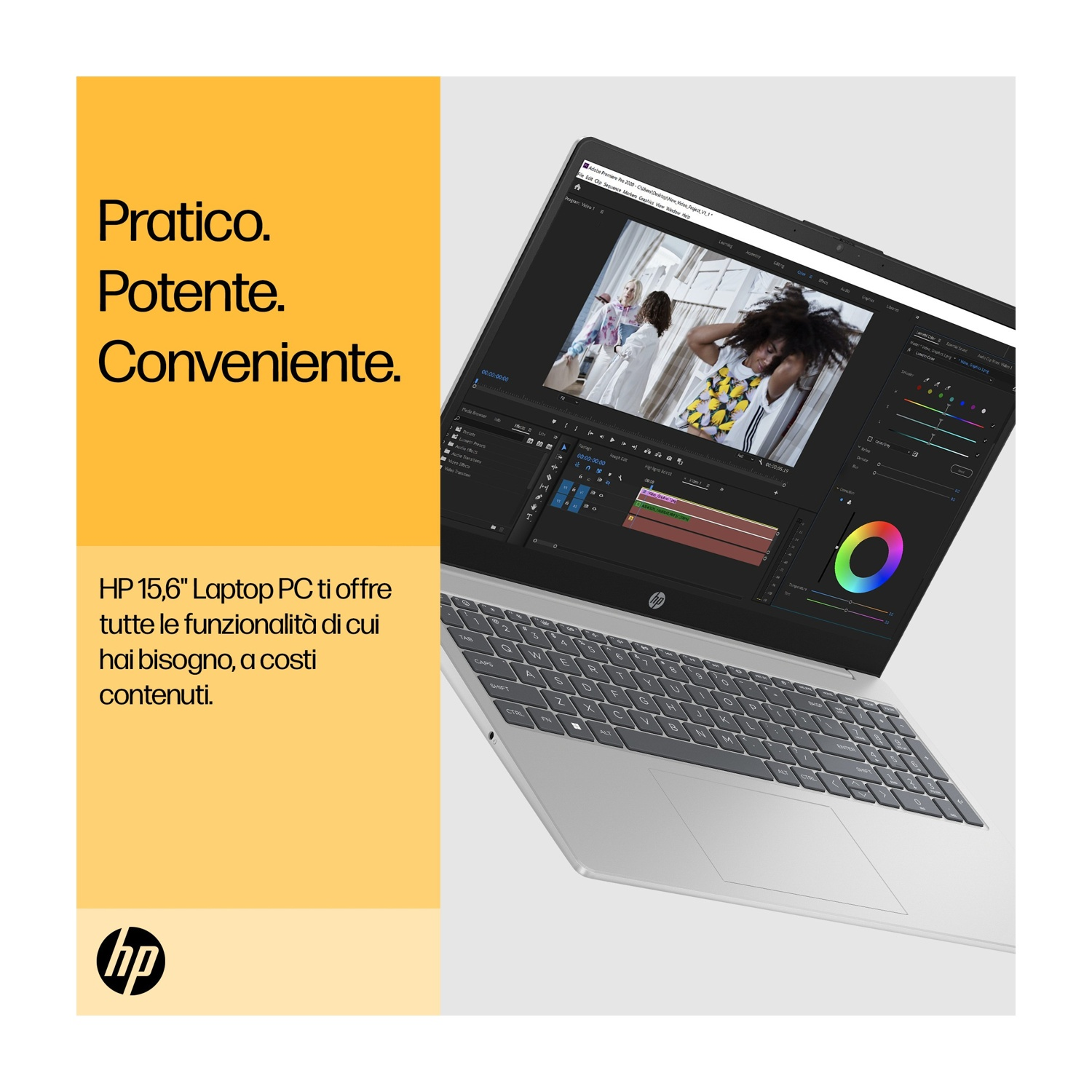 Un laptop mostra un'interfaccia di editing video. Lo schermo mostra una donna. Il testo recita: Pratico, Potente, Conveniente e Laptop HP.