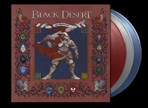 Artwork des Spiels Black Desert, Ritter mit Schwert, rotem Umhang, auf rotem Albumcover mit schildförmiger Schallplatte.