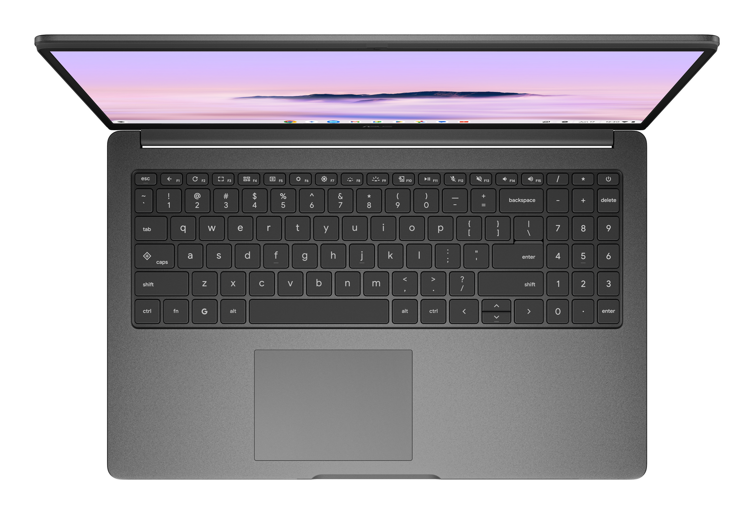 Vista superior de un portátil. La pantalla está abierta, mostrando un fondo colorido. El teclado y el panel táctil son visibles.
