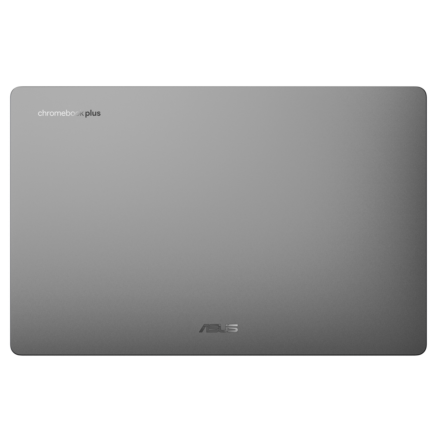 Una computadora portátil gris con esquinas redondeadas. Arriba tiene el texto "chromebook plus" y el logotipo de ASUS.