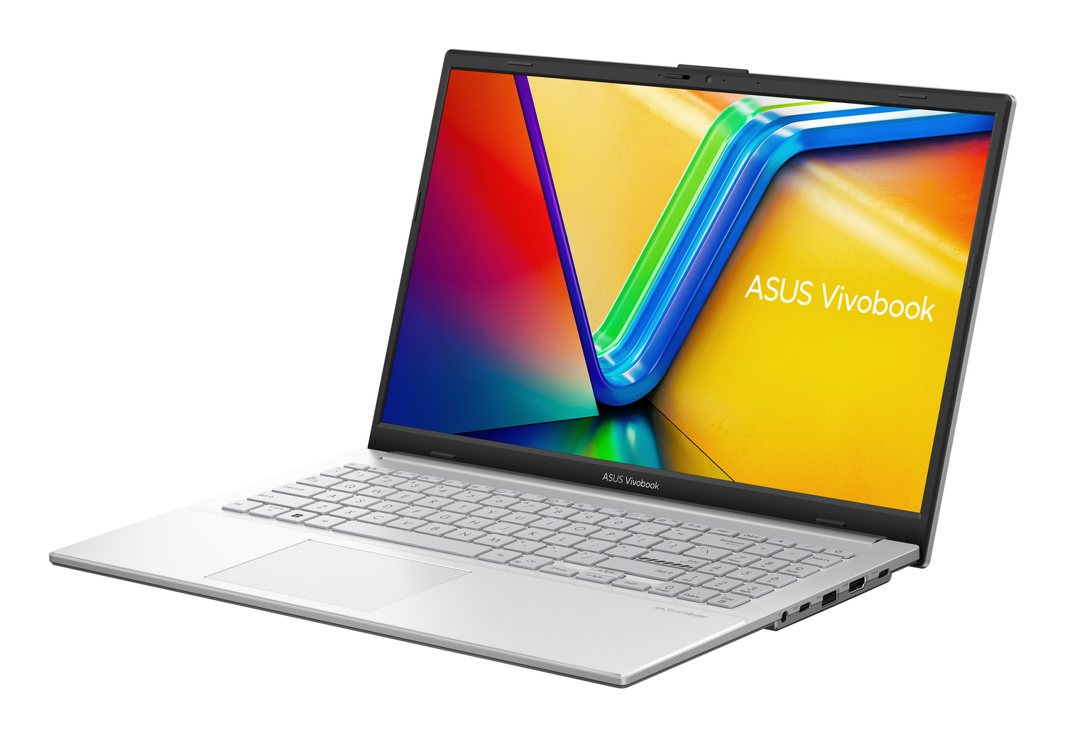 Portátil ASUS Vivobook plateado. La pantalla muestra arte abstracto colorido. Se ven teclado y panel táctil, junto con el logotipo de ASUS.