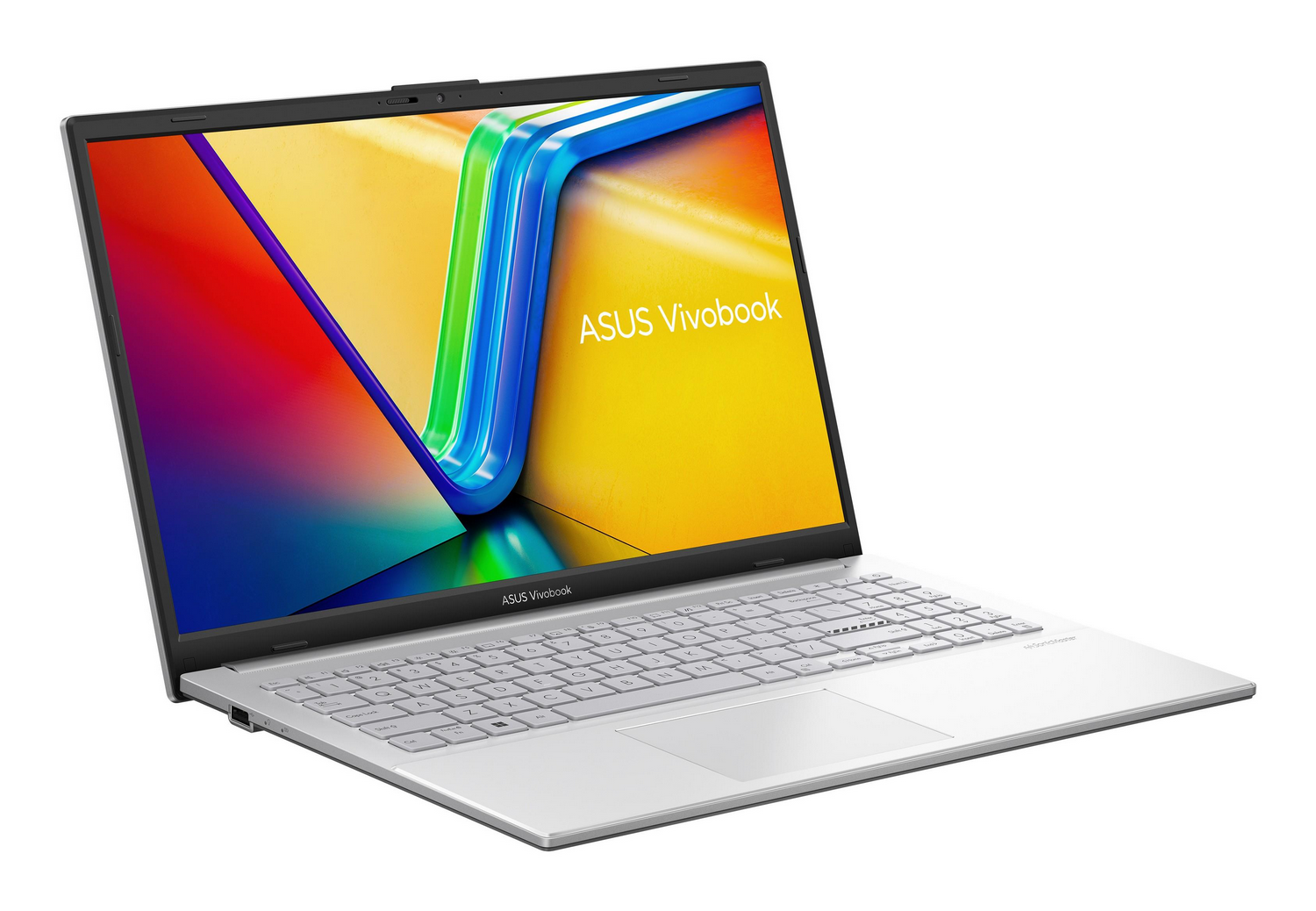 Ordenador portátil plateado con pantalla colorida. La pantalla muestra un logotipo y un diseño azul, verde y amarillo.