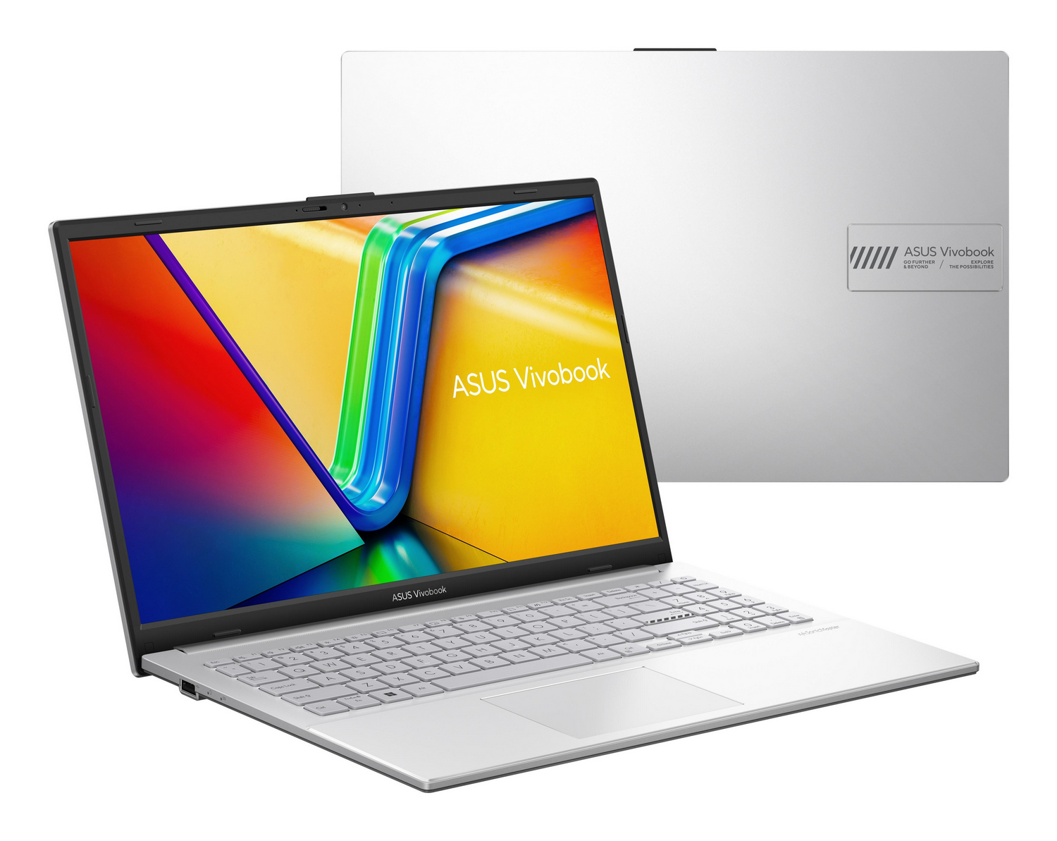 Portátil ASUS Vivobook plateado, abierto con pantalla colorida. Visible la parte trasera de otro portátil. Logotipo ASUS Vivobook.