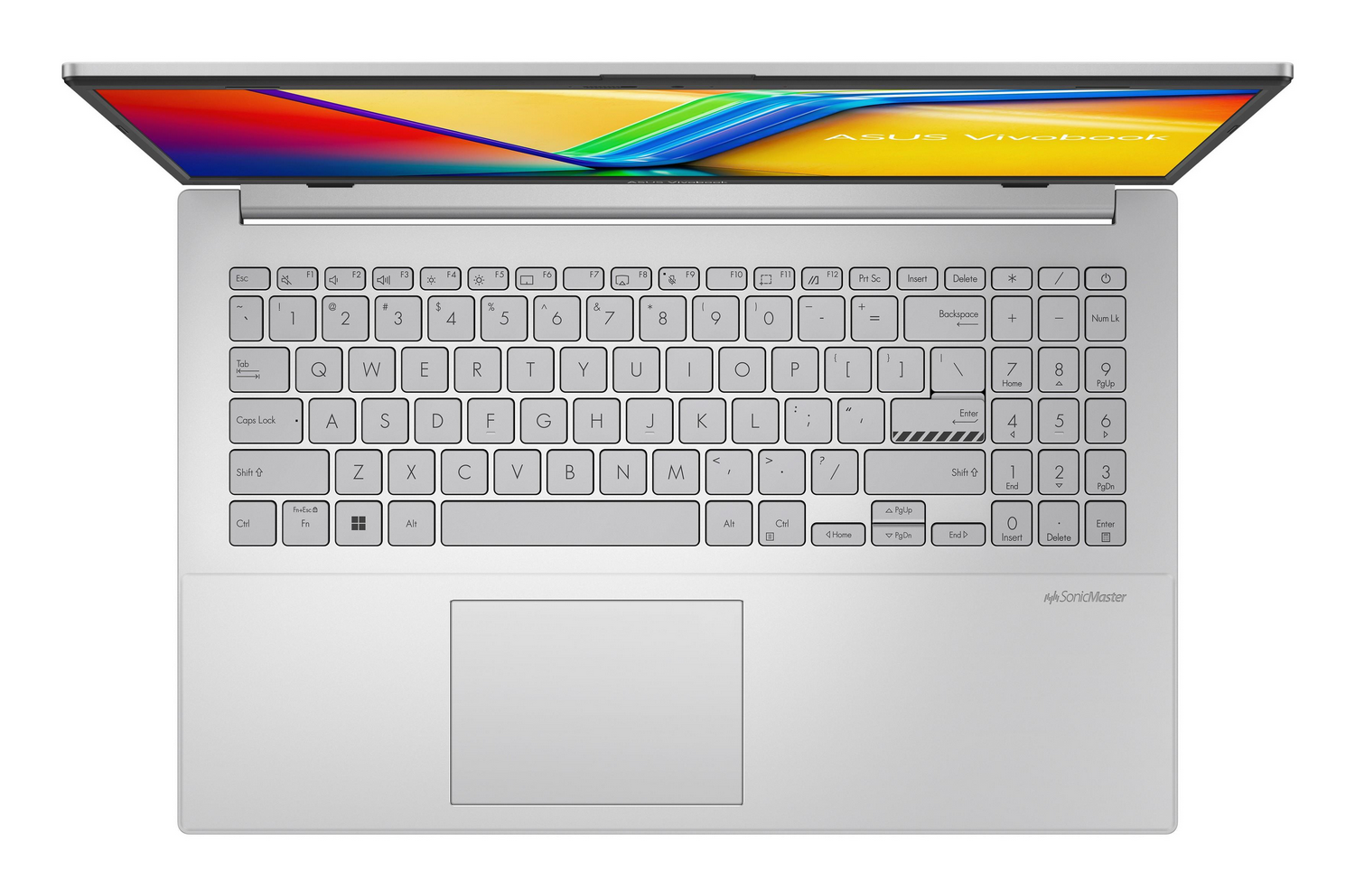Vista superior de una laptop ASUS Vivobook plateada abierta, con teclado visible y pantalla abierta.