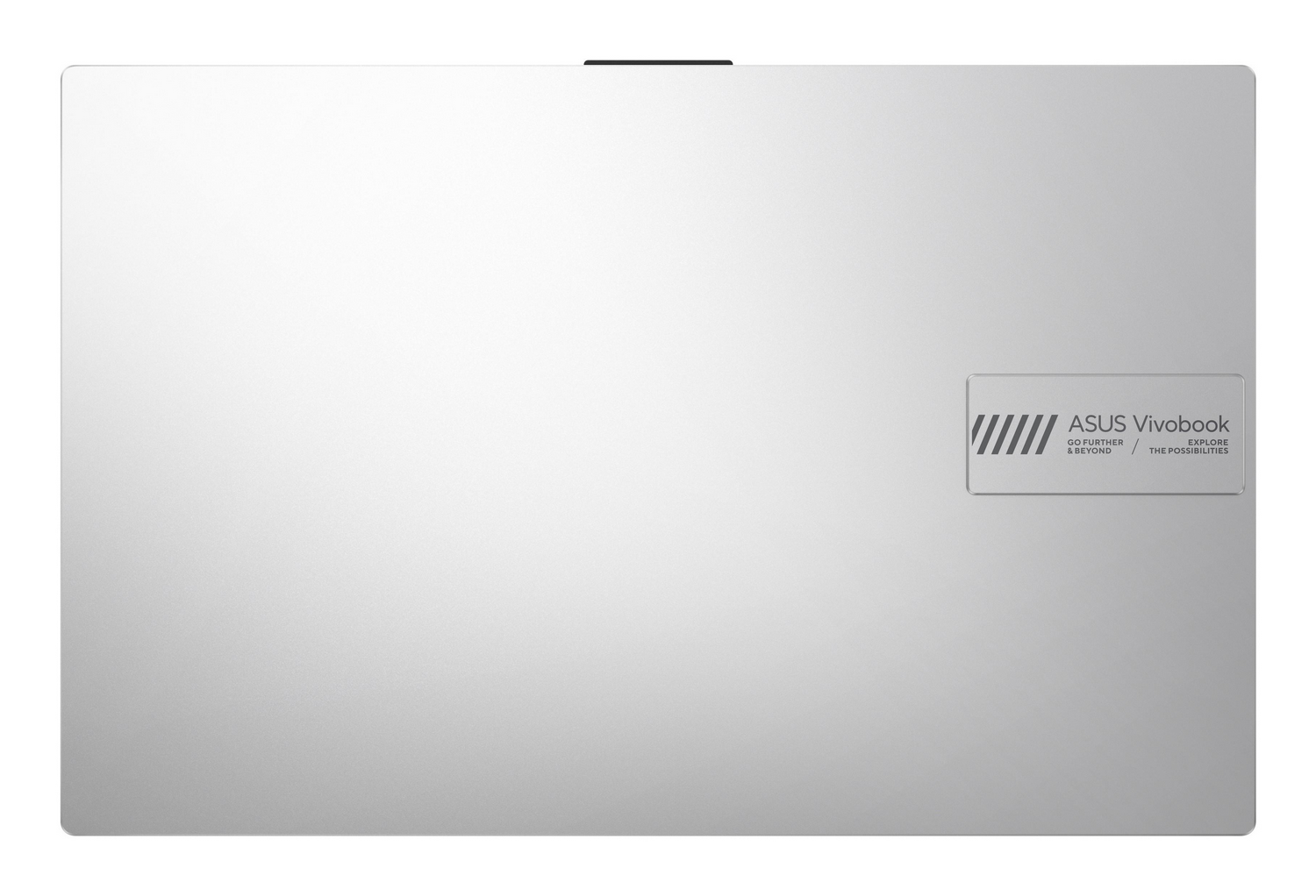 Tapa plateada de portátil con el logotipo de ASUS Vivobook. La tapa es lisa con una pequeña barra negra en la parte superior. El logotipo está a la derecha.
