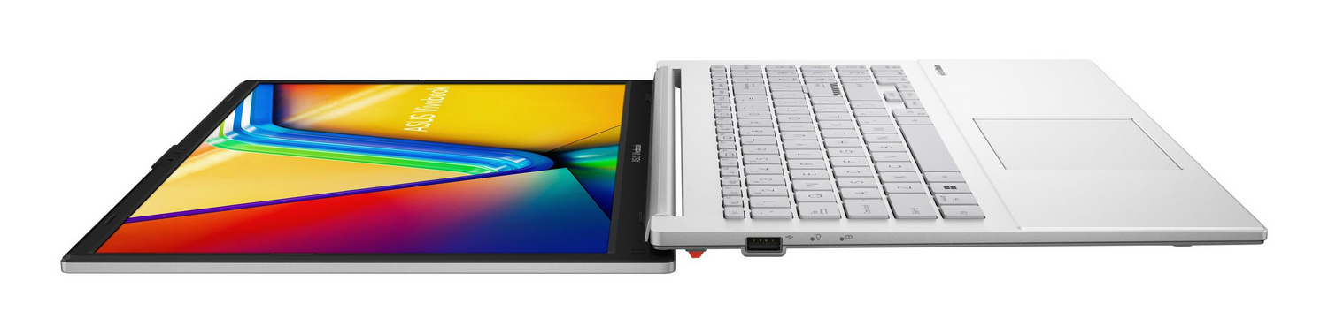 Una computadora portátil blanca abierta, revelando una pantalla colorida. El teclado es visible. ASUS Vivobook está escrito en la pantalla.