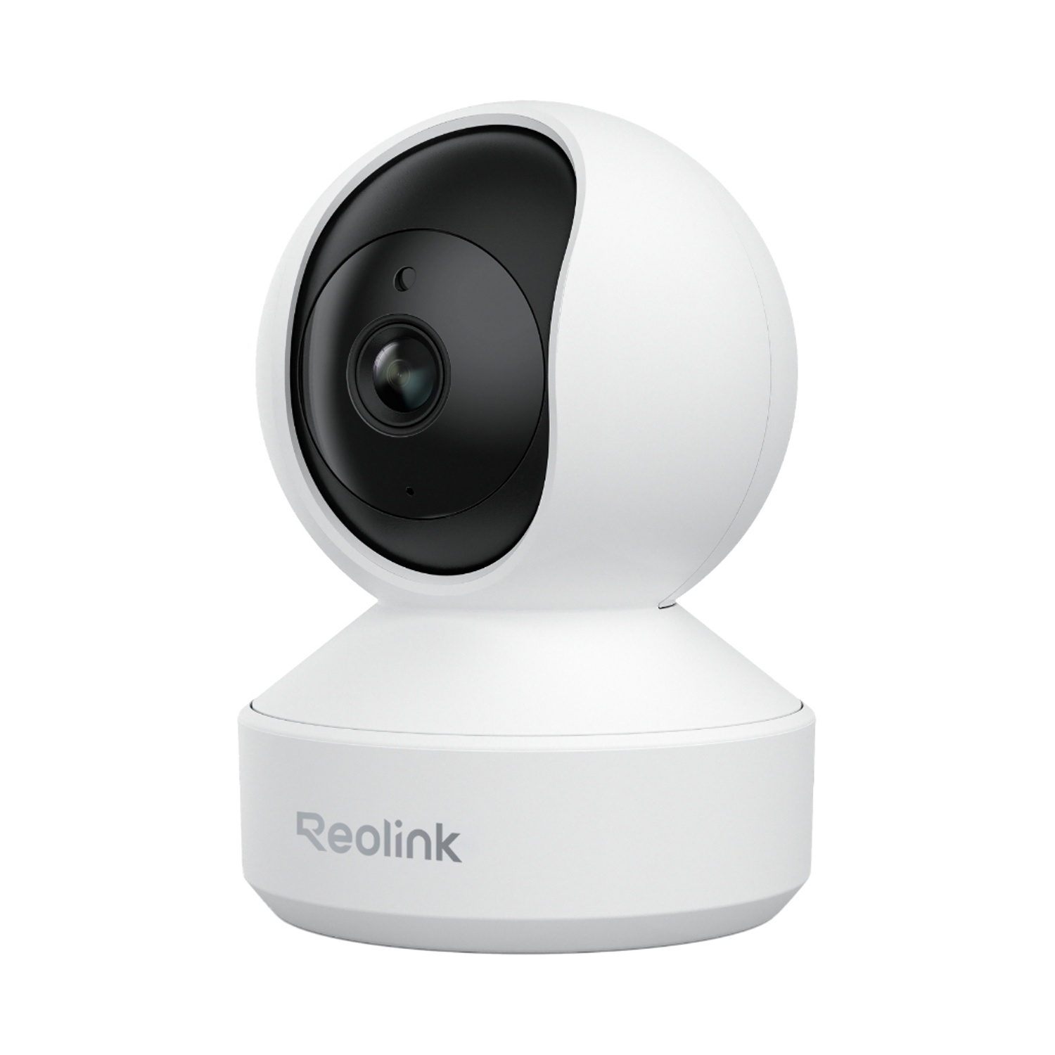 Una telecamera di sicurezza Reolink bianca con lente nera e parte superiore arrotondata, su una base bianca. Il logo 'Reolink' è visibile.