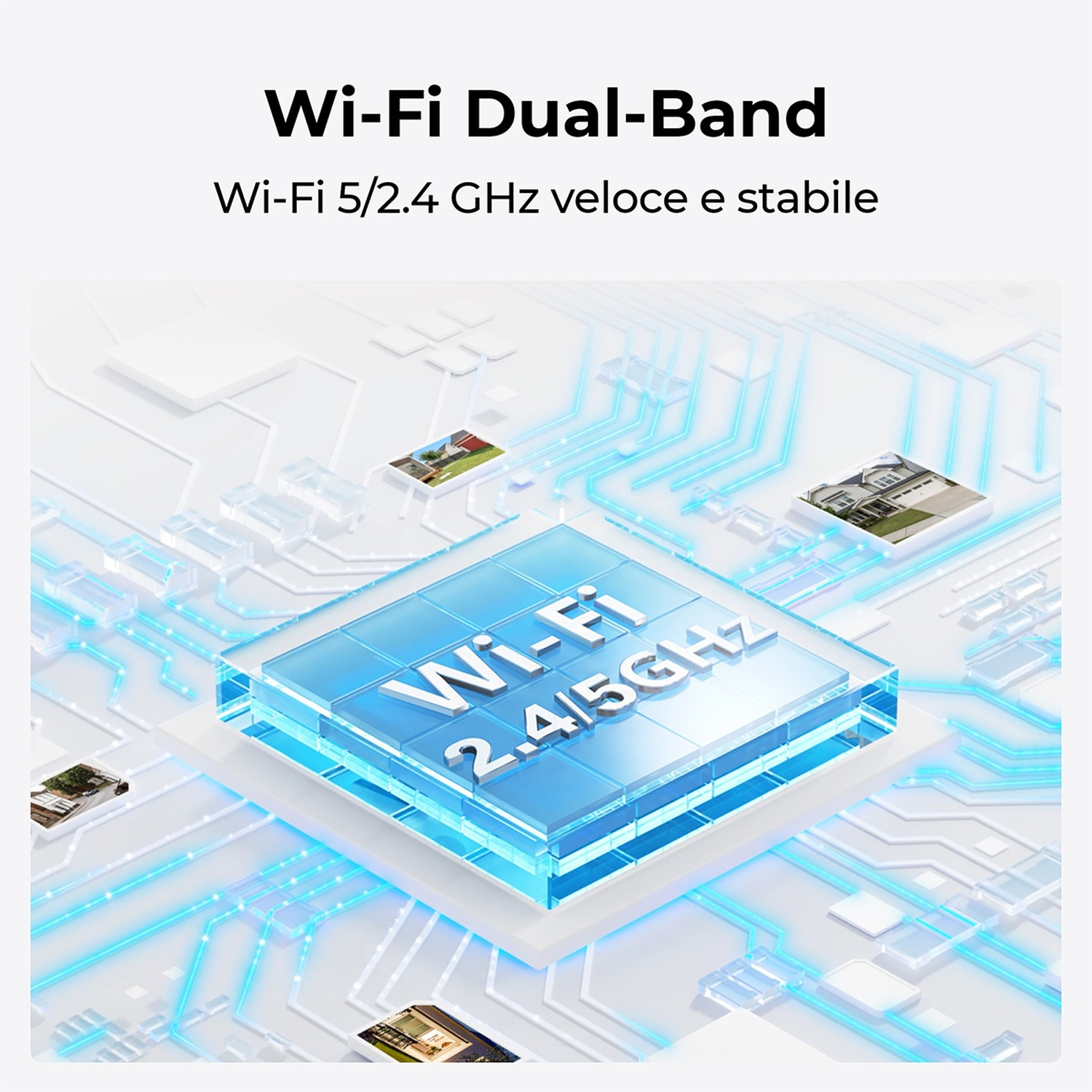 Un'illustrazione di un router Wi-Fi con le parole 'Wi-Fi 2.4/5GHz' e piccole immagini di case intorno.