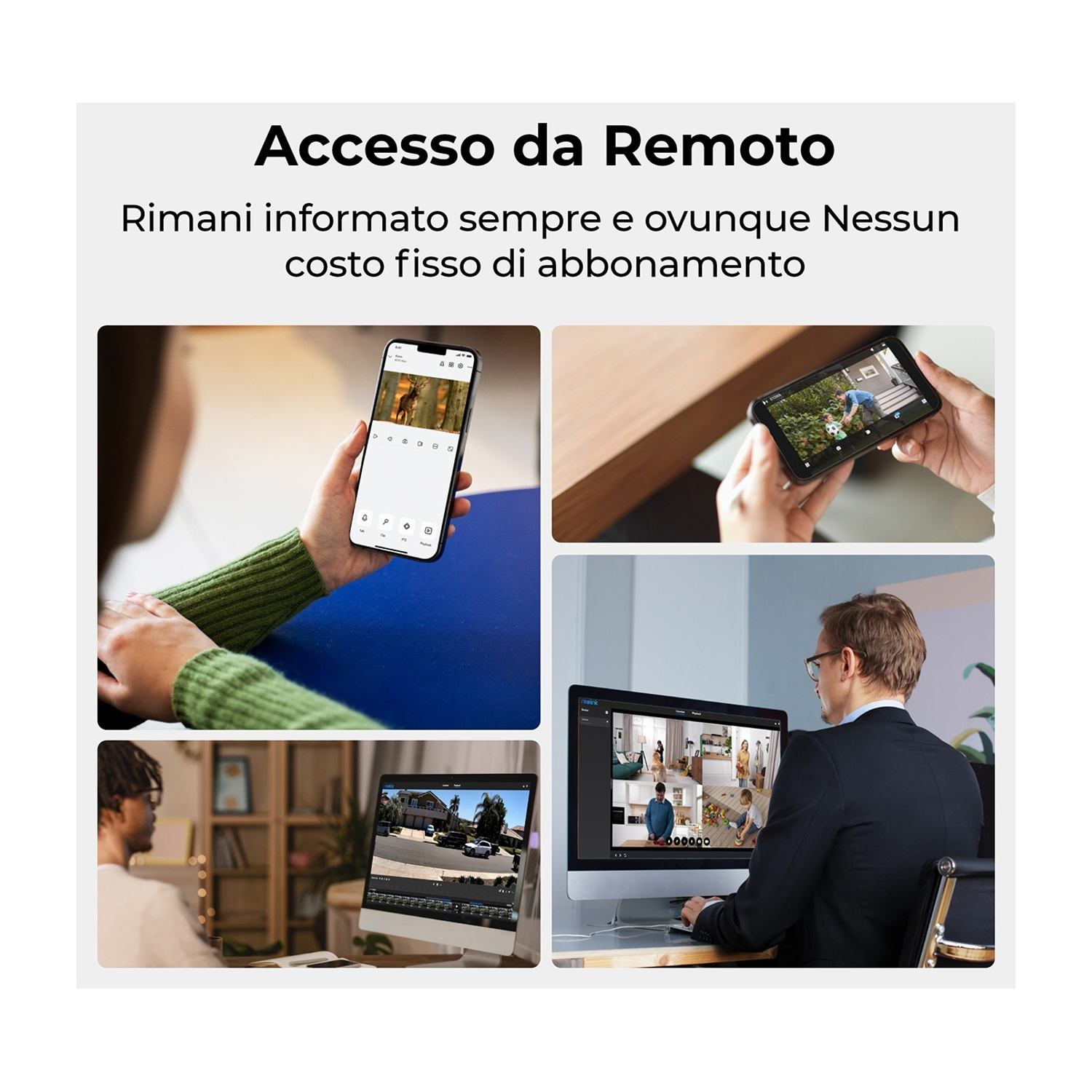 L'immagine mostra l'accesso remoto. Quattro pannelli mostrano persone che usano dispositivi per visualizzare filmati di sicurezza. Testo: 'Accesso Remoto' e altro.