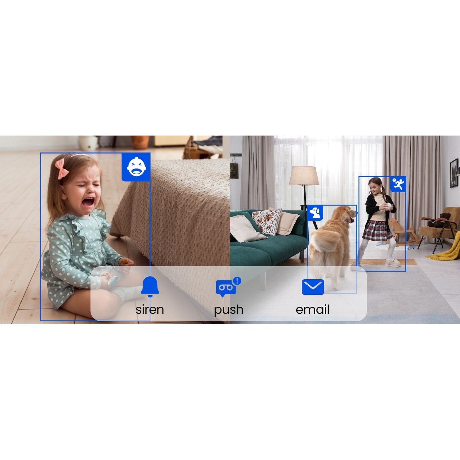 Un bambino che piange, un cane e una ragazza sono in diverse parti di una casa. Icone sovrapposte: sirena, push ed e-mail sono visibili.