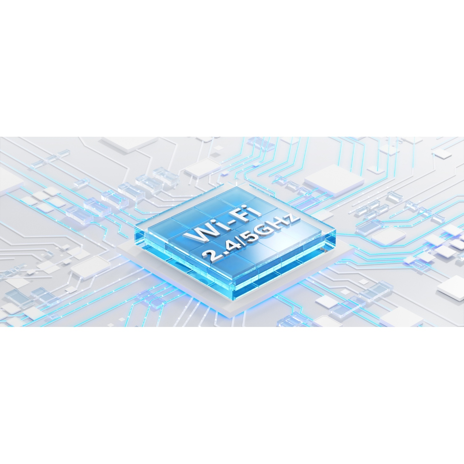Un chip Wi-Fi blu con testo 2.4/5GHz, circondato da un design di circuito stampato con elementi bianchi e azzurri.