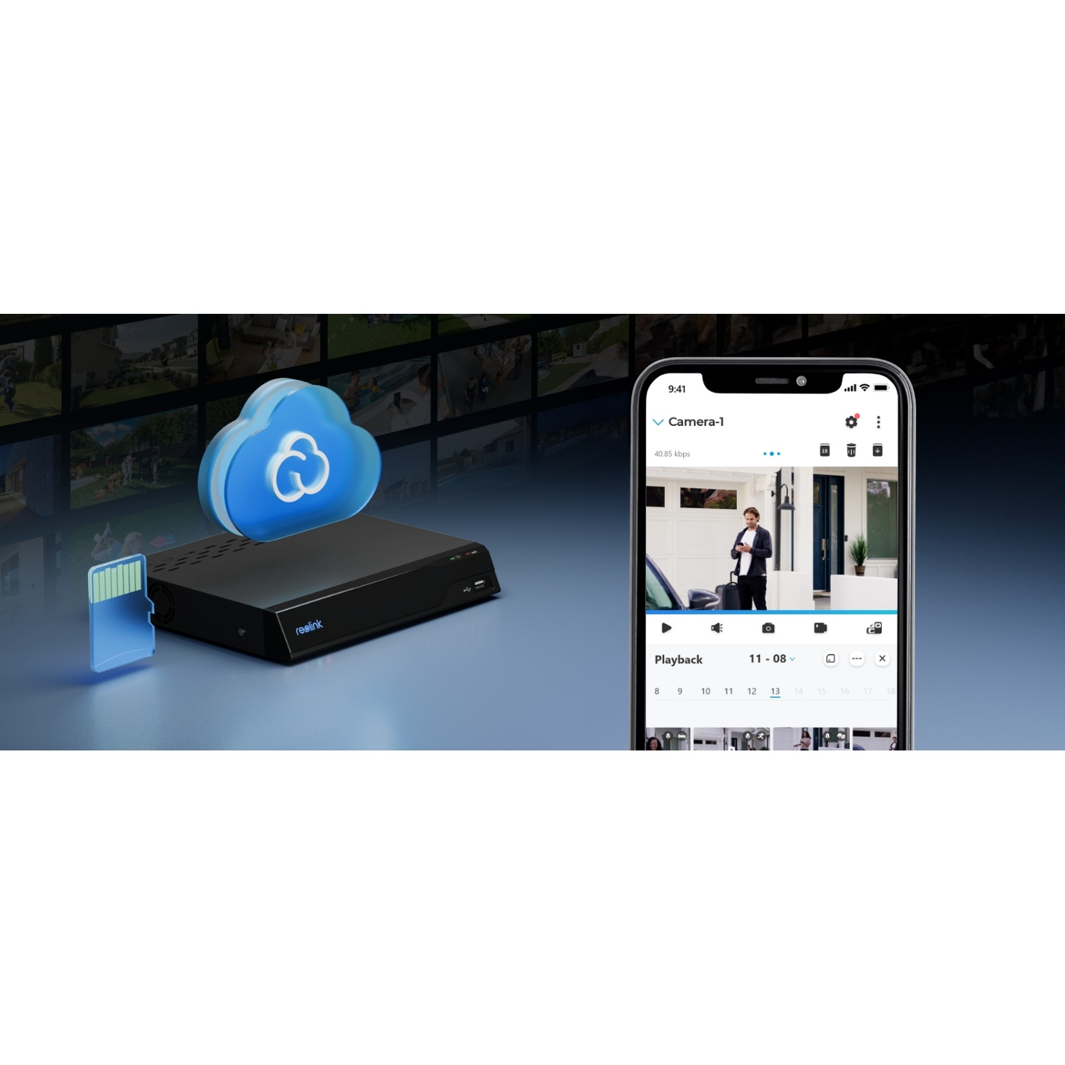 L'immagine mostra un sistema di sicurezza. Include un DVR, icona cloud, scheda SD e un telefono con feed della fotocamera.
