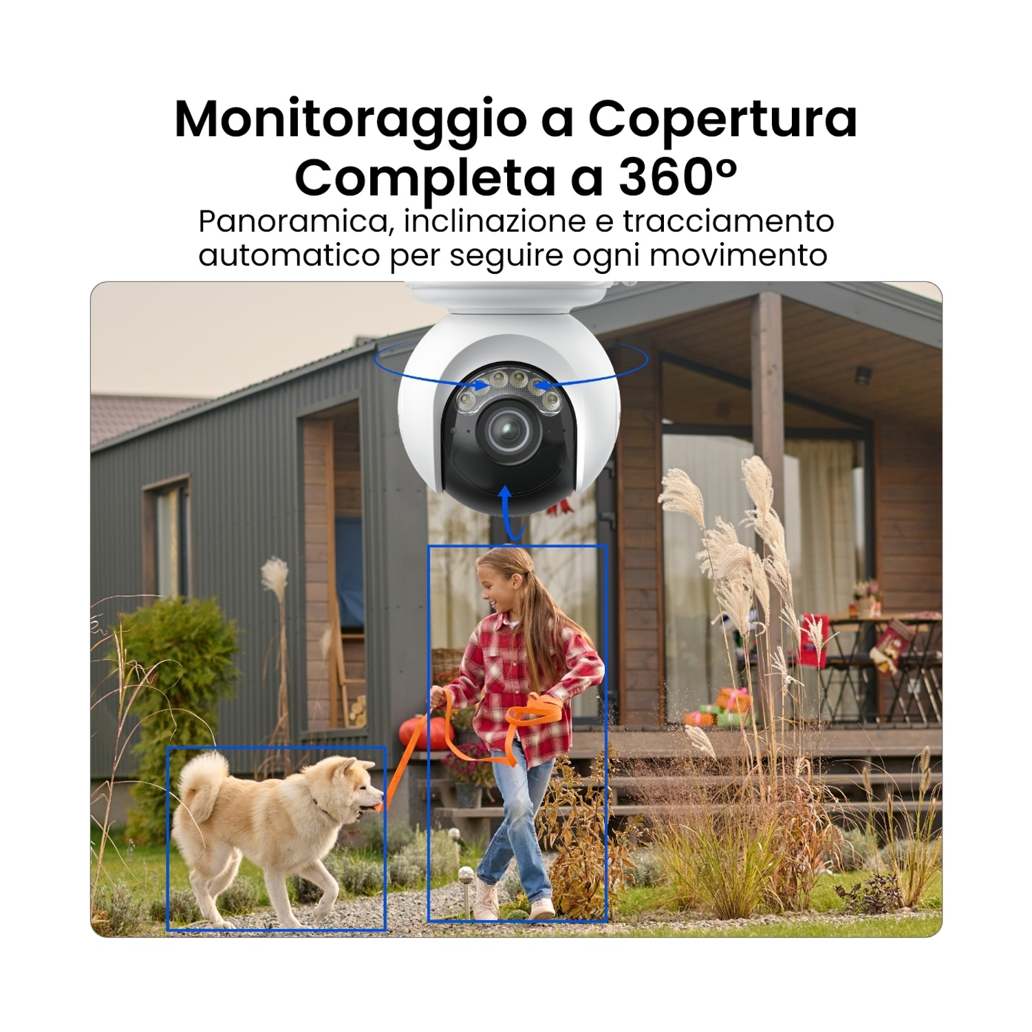 Una ragazza porta a spasso un cane al guinzaglio. Sopra c'è una telecamera di sicurezza. La scena è fuori da una casa con facciata in legno.