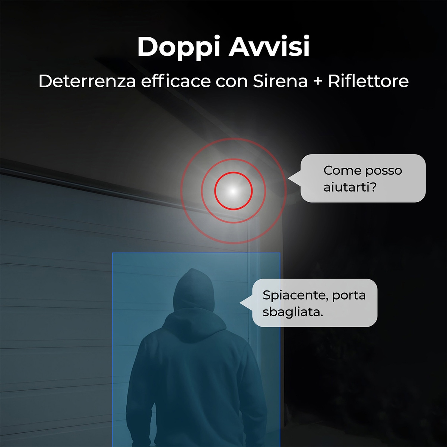 L'immagine mostra un ladro e una porta. Il testo dice 'Doppi avvisi' e 'Deterrenza efficace con Sirena + Riflettore'.