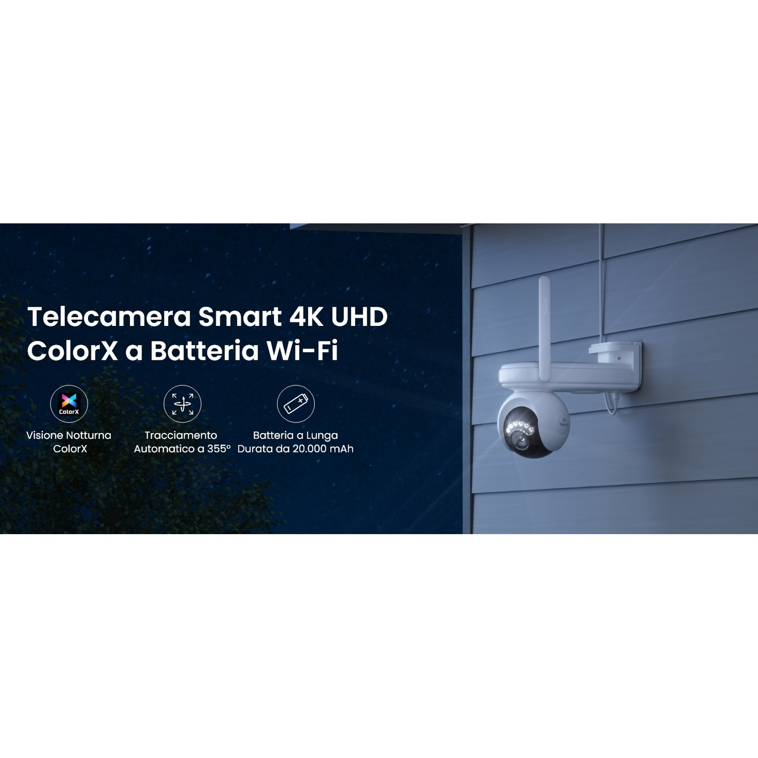 Una telecamera di sicurezza bianca è montata su un muro grigio. Il testo sull'immagine descrive funzionalità come 4K UHD e durata della batteria.