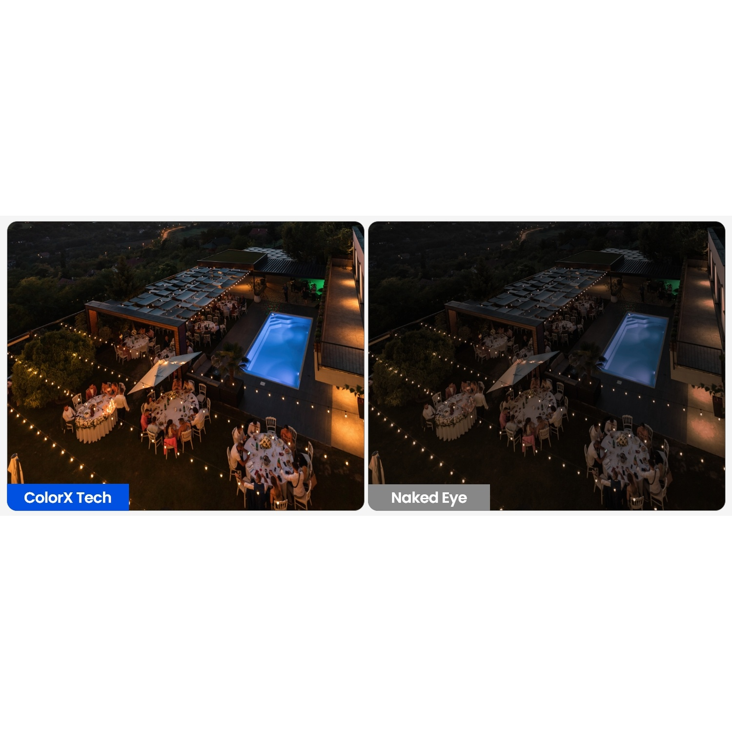 Vista aerea di un evento all'aperto. Tavoli con persone, piscina e luci. Confronto tra immagini ColorX Tech e Naked Eye.
