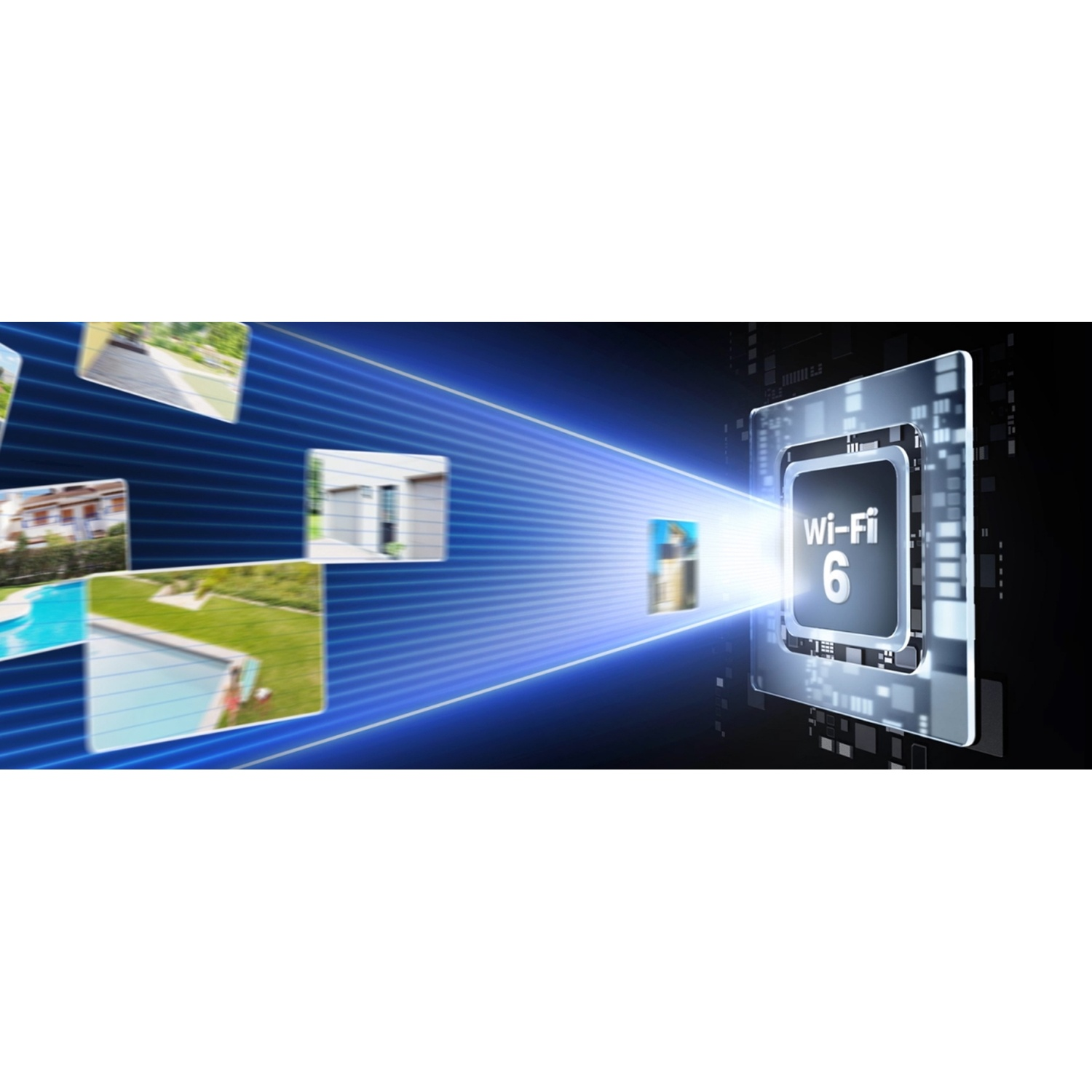 Immagine con simbolo Wi-Fi 6 e immagini di case collegate. Effetto luce blu con sfondo scuro, rappresenta internet veloce.