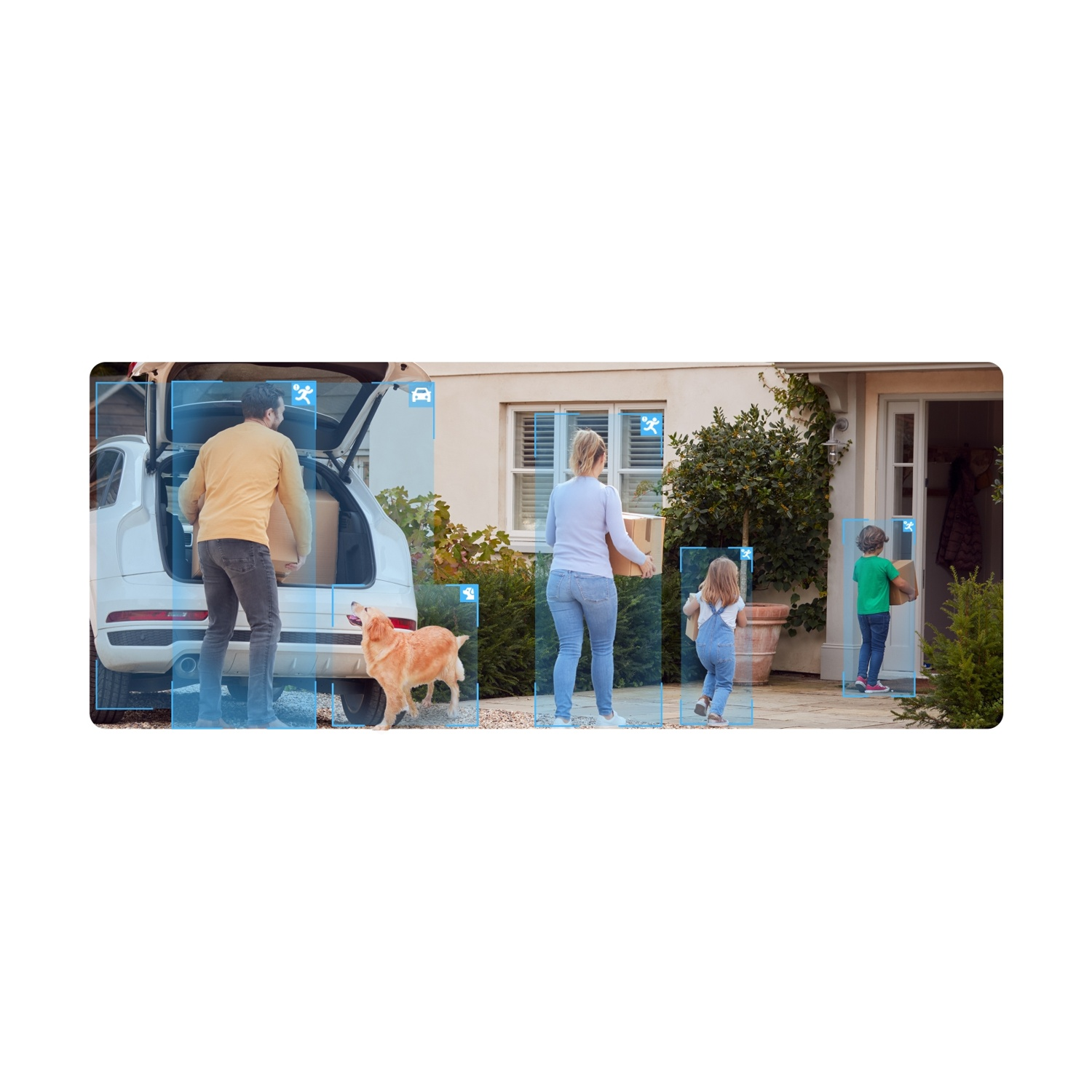 Famiglia che scarica scatole da un'auto. Un golden retriever osserva. Una donna, due bambini e un uomo spostano scatole verso una casa.