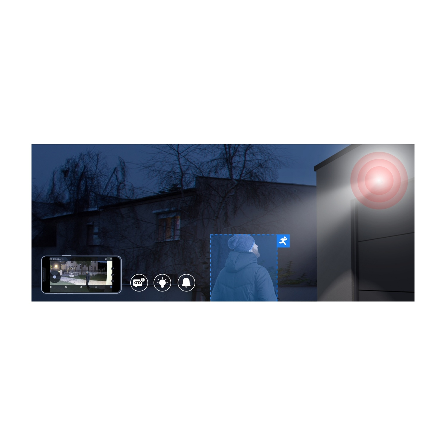 Una persona in abiti invernali è evidenziata. Un telefono mostra la vista della telecamera. Una luce rossa brilla su un muro. Edifici scuri sullo sfondo.