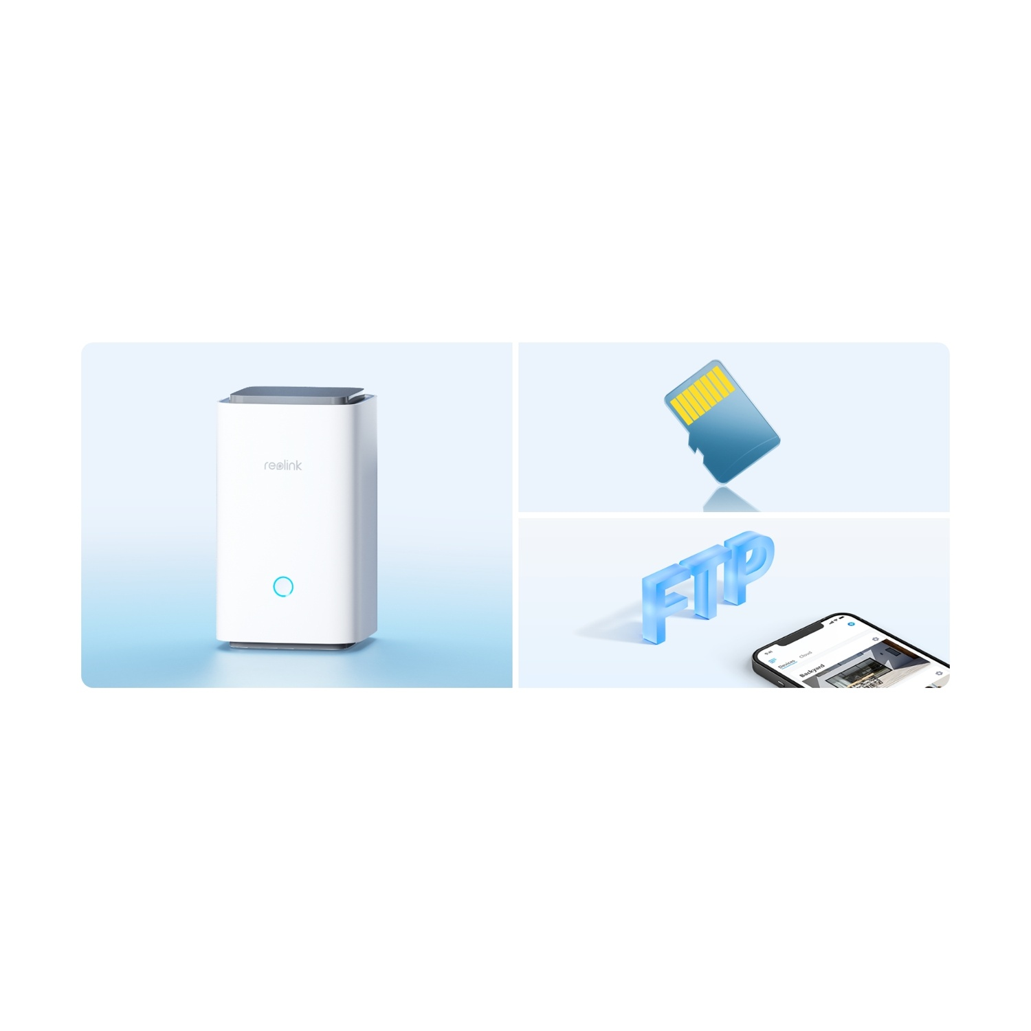 Dispositivo Reolink bianco, scheda SD, lettere FTP e un telefono che mostra un flusso della fotocamera su sfondo blu.