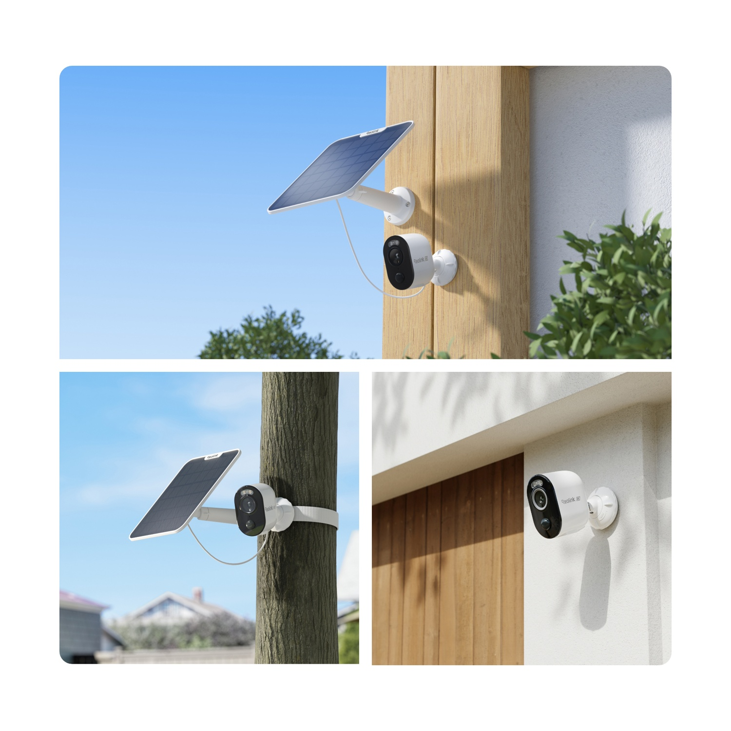 Una telecamera di sicurezza bianca con lente nera, montata su un muro, un albero e una struttura in legno, con un pannello solare.