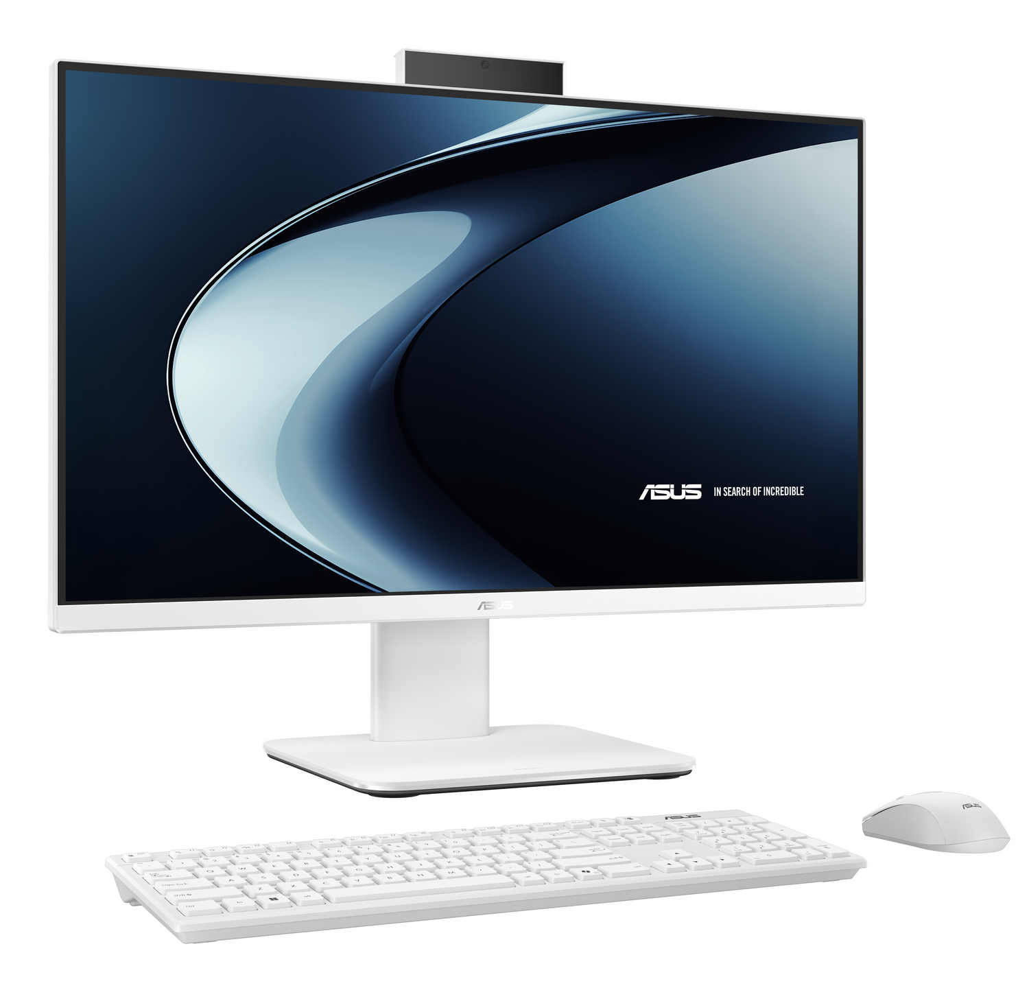 Computadora Asus todo en uno blanca con teclado y ratón. La pantalla muestra un diseño abstracto en azul oscuro y blanco.