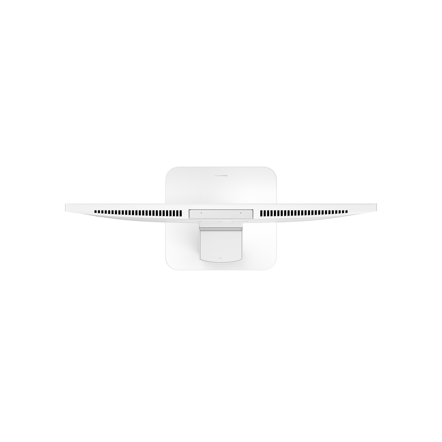 Un monitor de computadora blanco desde una vista superior. La pantalla tiene ventilaciones en la parte superior y un soporte en la parte inferior. Diseñado por AOC está arriba.