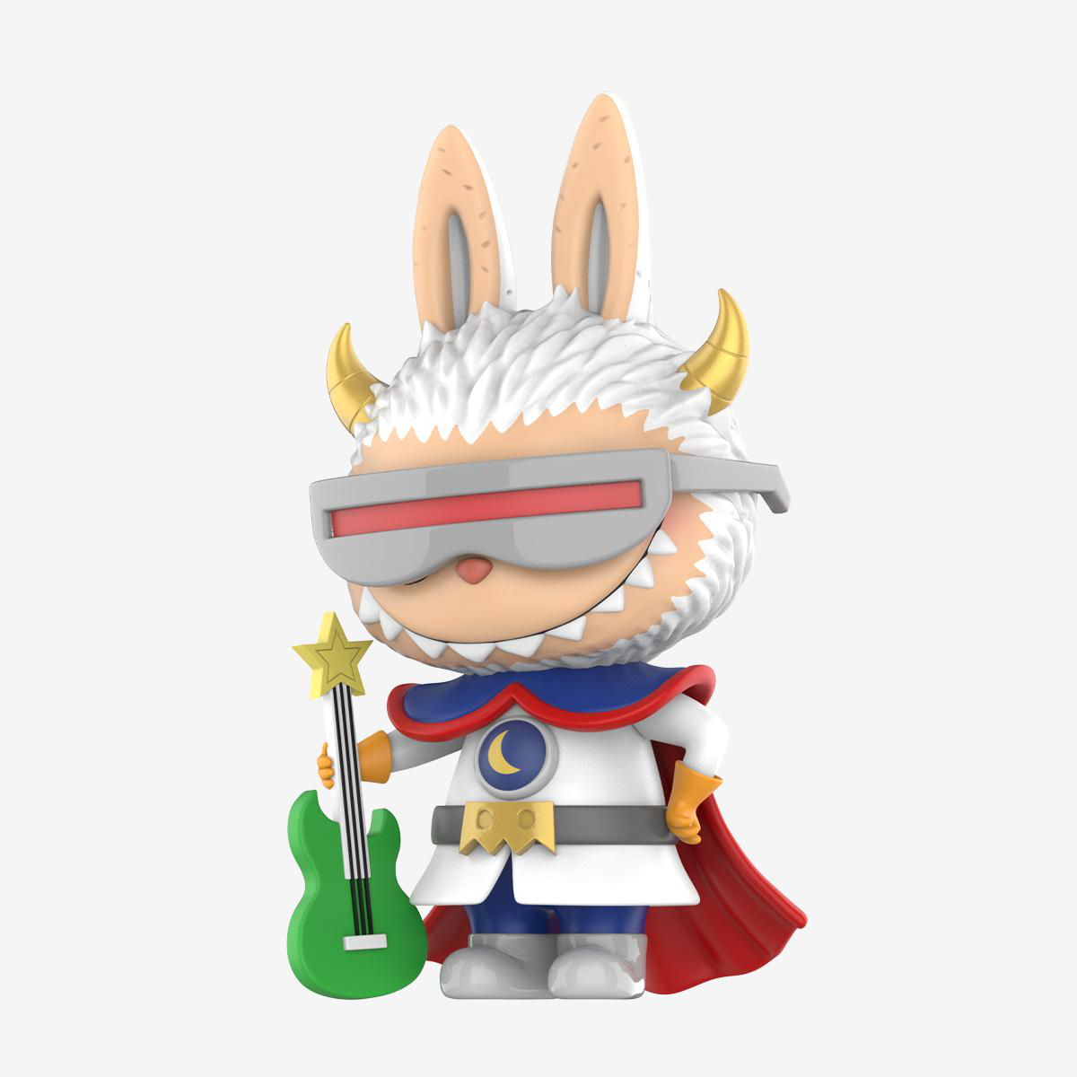 Ein kaninchenartiger Charakter mit Umhang, Brille und Gitarre. Er hat Hörner und eine sternförmige Gitarre. Der Hintergrund ist weiß.