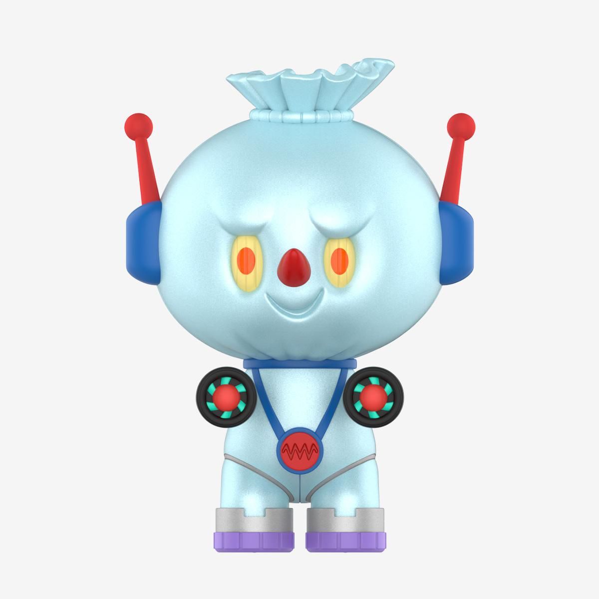 Ein hellblauer Roboter mit roten Antennen, gelben Augen, einer roten Nase und einem lächelnden Mund. Er hat einen blauen Kragen und schwarze Kreise auf den Schultern.