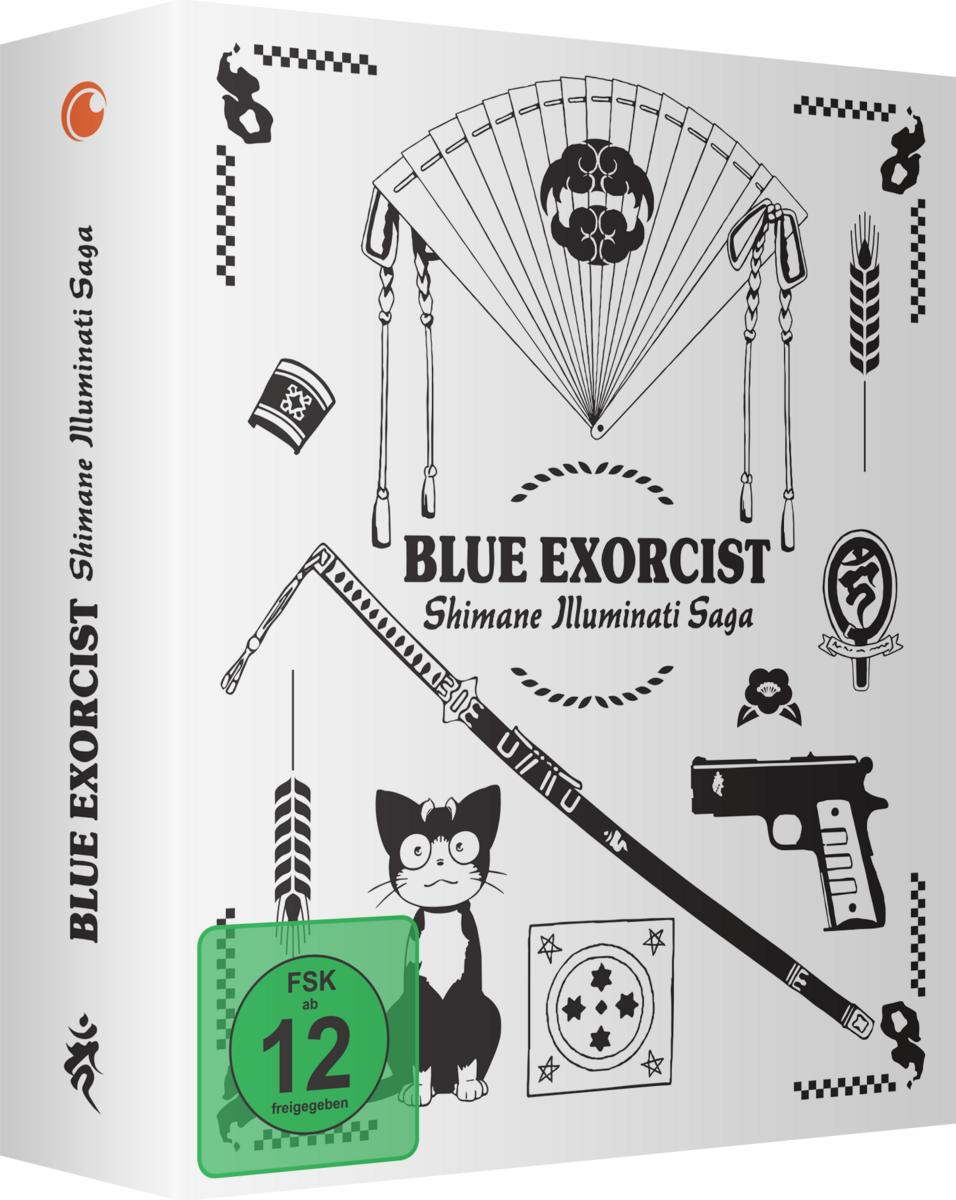 Das Cover von 'Blue Exorcist' zeigt Fächer, Schwert, Katze und Pistole. Text enthält Titel und 'FSK ab 12'.