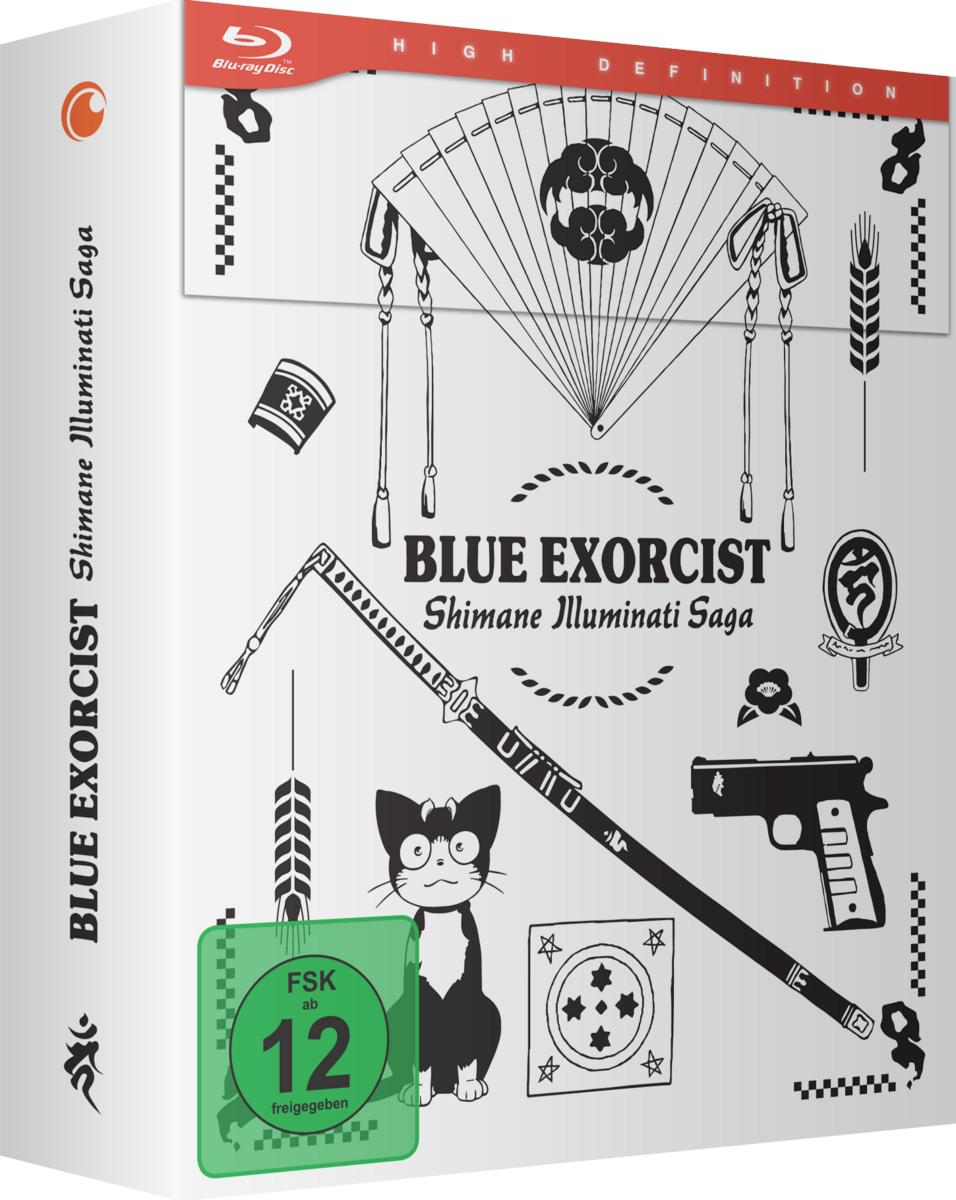 Blu-ray-Box-Art für Blue Exorcist. Enthält einen Fächer, eine Katze, ein Schwert, eine Pistole und andere Illustrationen.