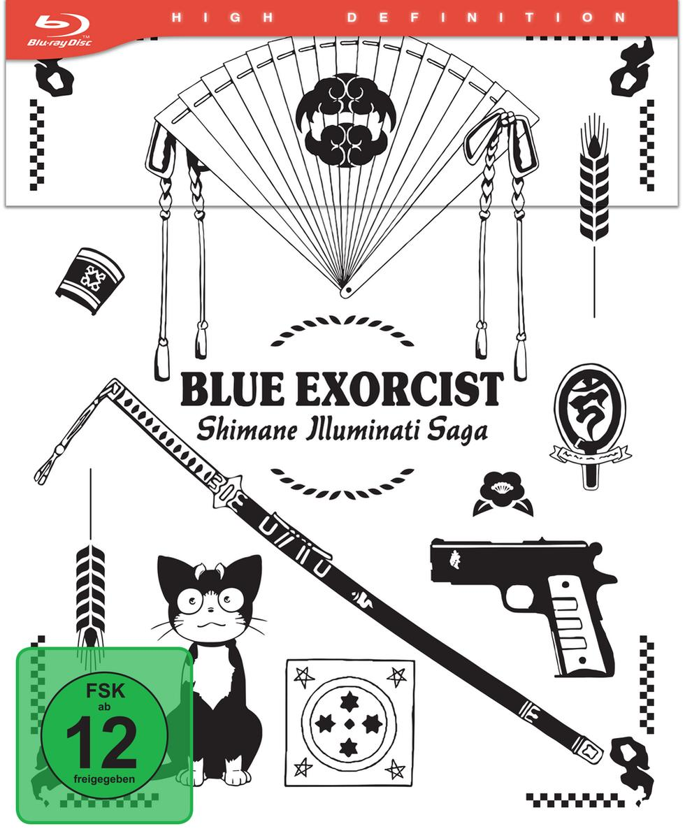 Schwarz-weiß Blue Exorcist DVD-Cover mit verschiedenen Symbolen, einer Katze und Text, einschließlich einer grünen FSK 12-Bewertung.