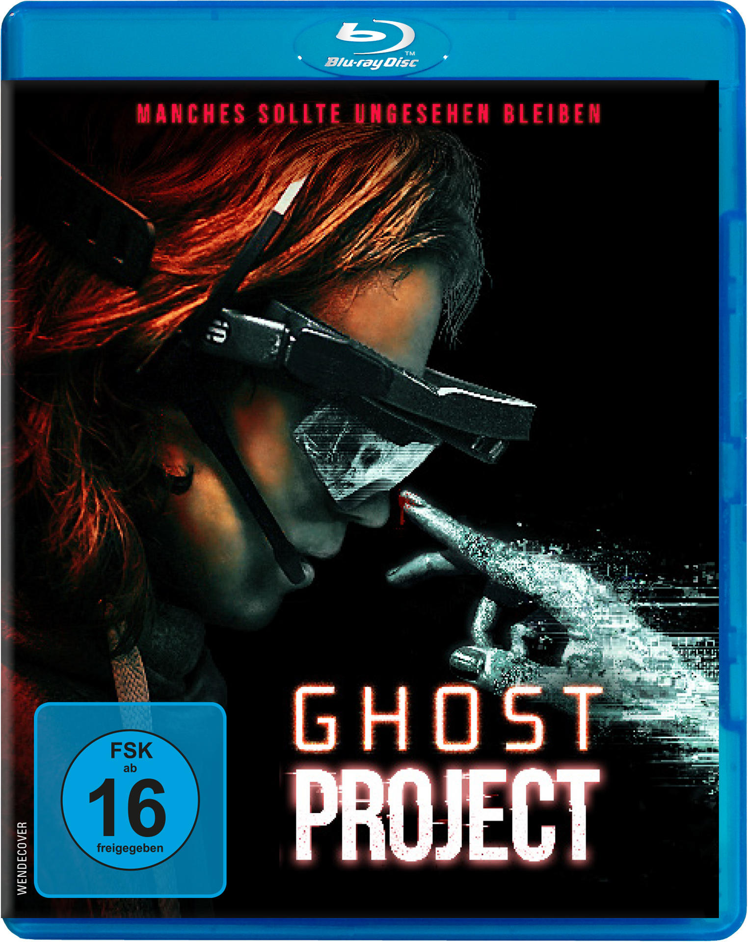 Blu-ray-Cover. Person mit Headset berührt digitale Hand. Titel ist 'Ghost Project'.