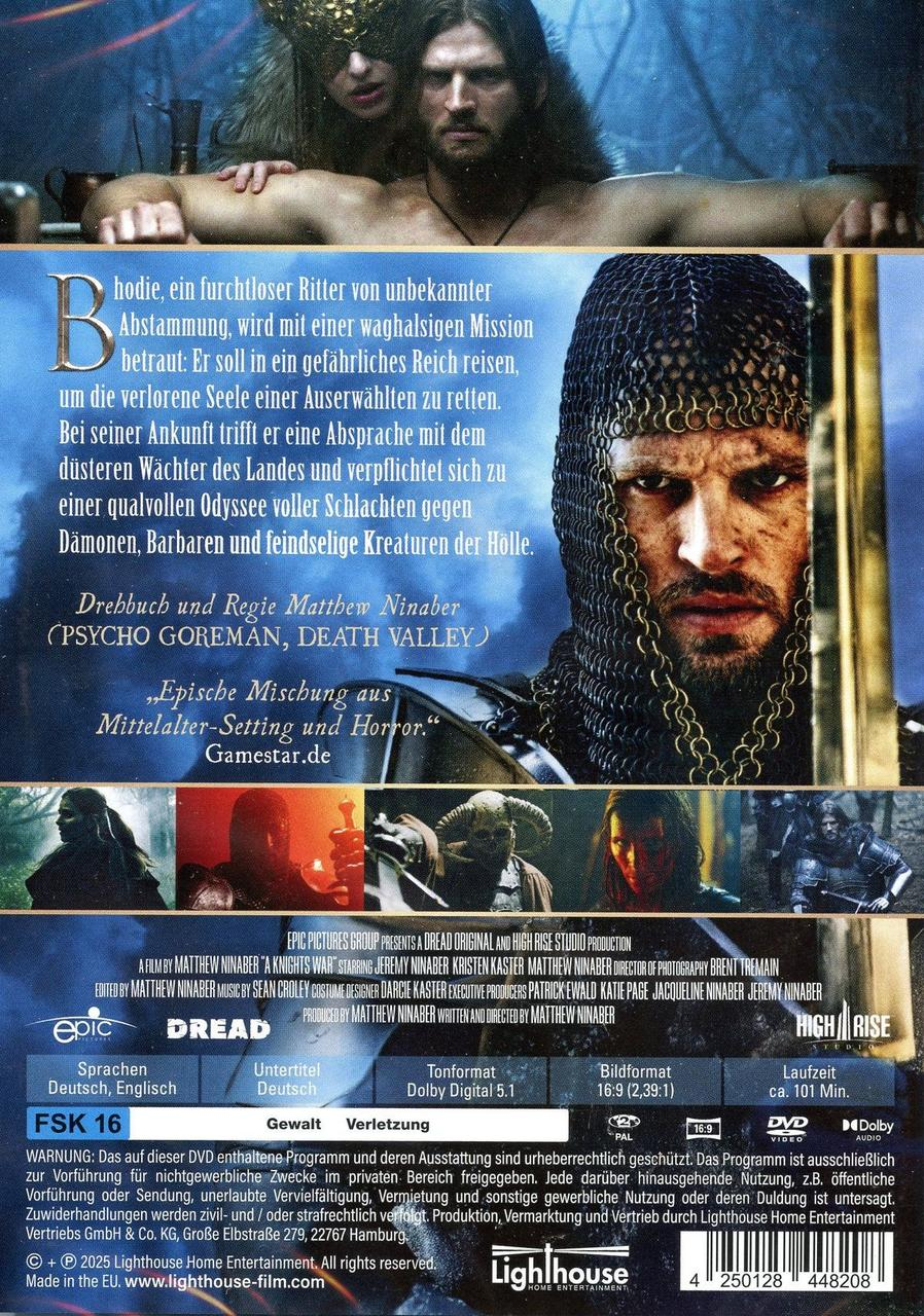 DVD-Cover mit Ritter in Kettenrüstung, zwei Figuren im Hintergrund und Text über den Film 'A Knights War'.