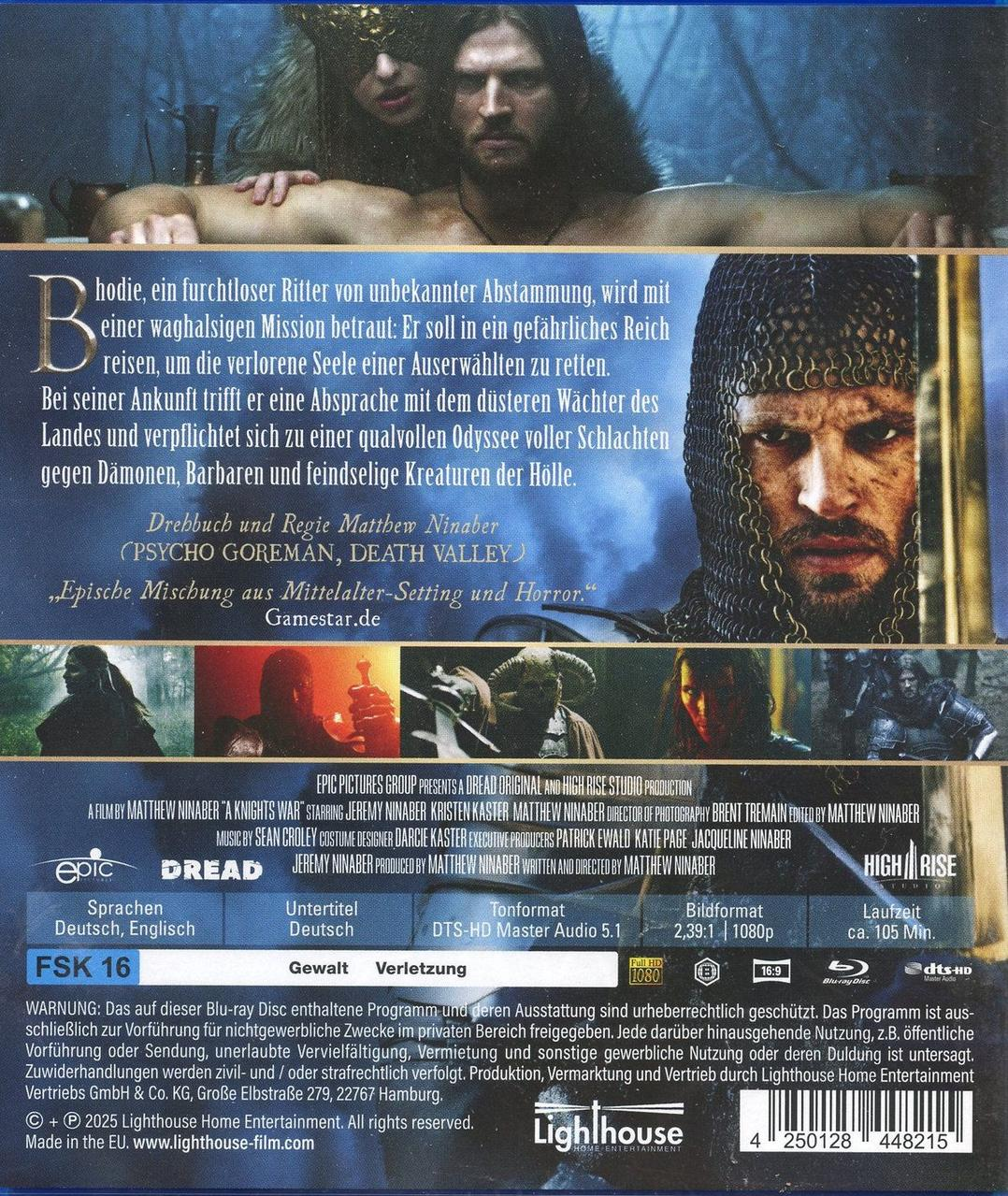 Filmcove mit zwei Männern, einer in Rüstung, der andere mit langen Haaren. Text enthält Titel, Credits und Warnungen.
