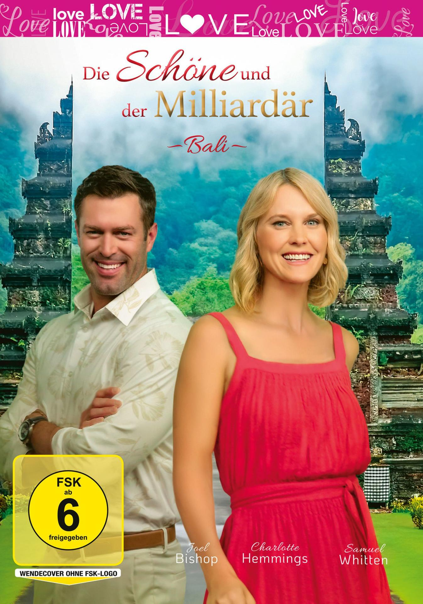 Filmplakat: Mann und Frau lächeln. Titel: 'Die Schöne und der Milliardär'. Hintergrund: Bali und ein Tempel.
