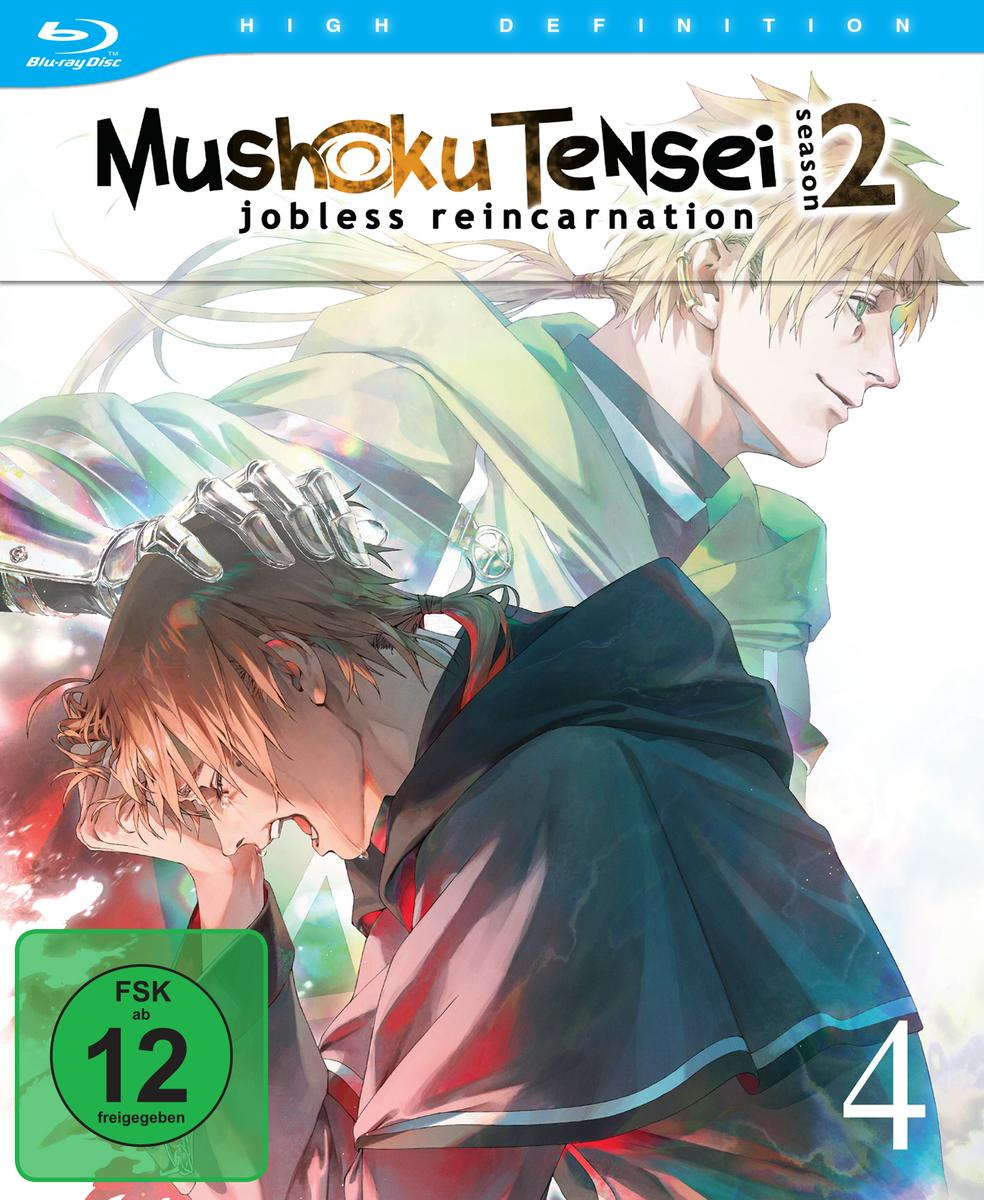 Anime Blu-ray-Cover. Zeigt zwei männliche Charaktere, den Titel „Mushoku Tensei Season 2“ und eine Altersfreigabe von 12.