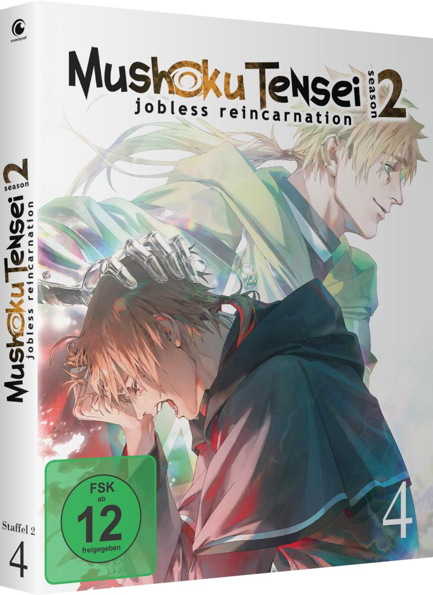 Anime-Cover. Zwei Männer, einer weint, einer lächelt. Der Titel lautet 'Mushoku Tensei' und 'Season 2'.