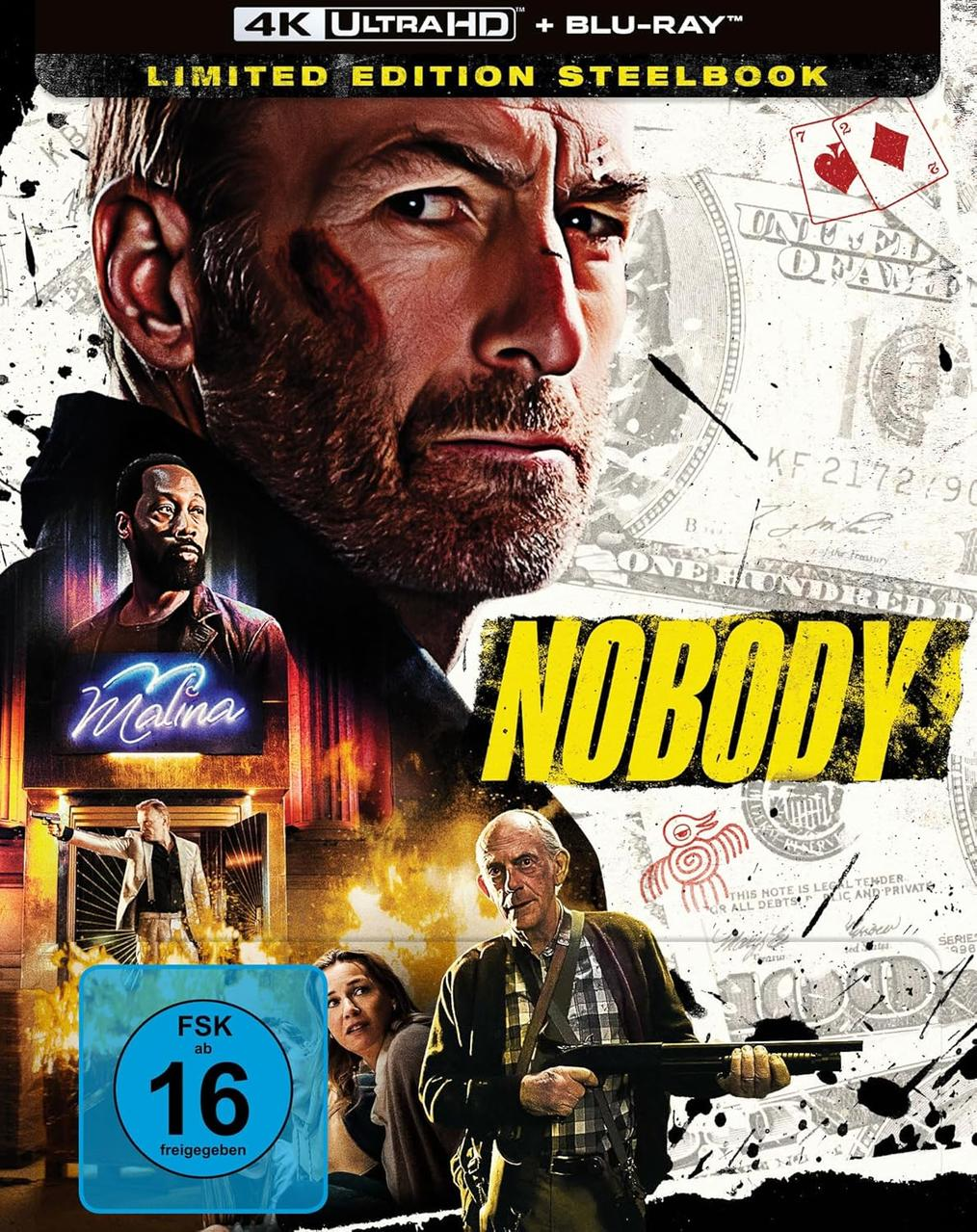 Kinoplakat für 'Nobody'. Zeigt das Gesicht eines Mannes, den Titel und andere Charaktere. Im Hintergrund ist ein 100-Dollar-Schein zu sehen.