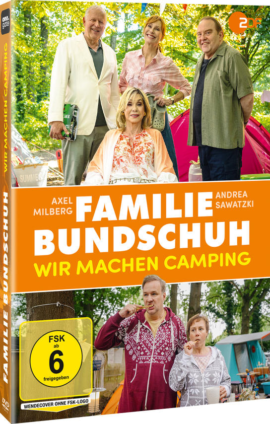 DVD-Cover von 'Familie Bundschuh: Wir Machen Camping'. Zeigt eine Gruppe von Personen auf einem Campingplatz, mit Titeltext und Bewertungssymbolen.